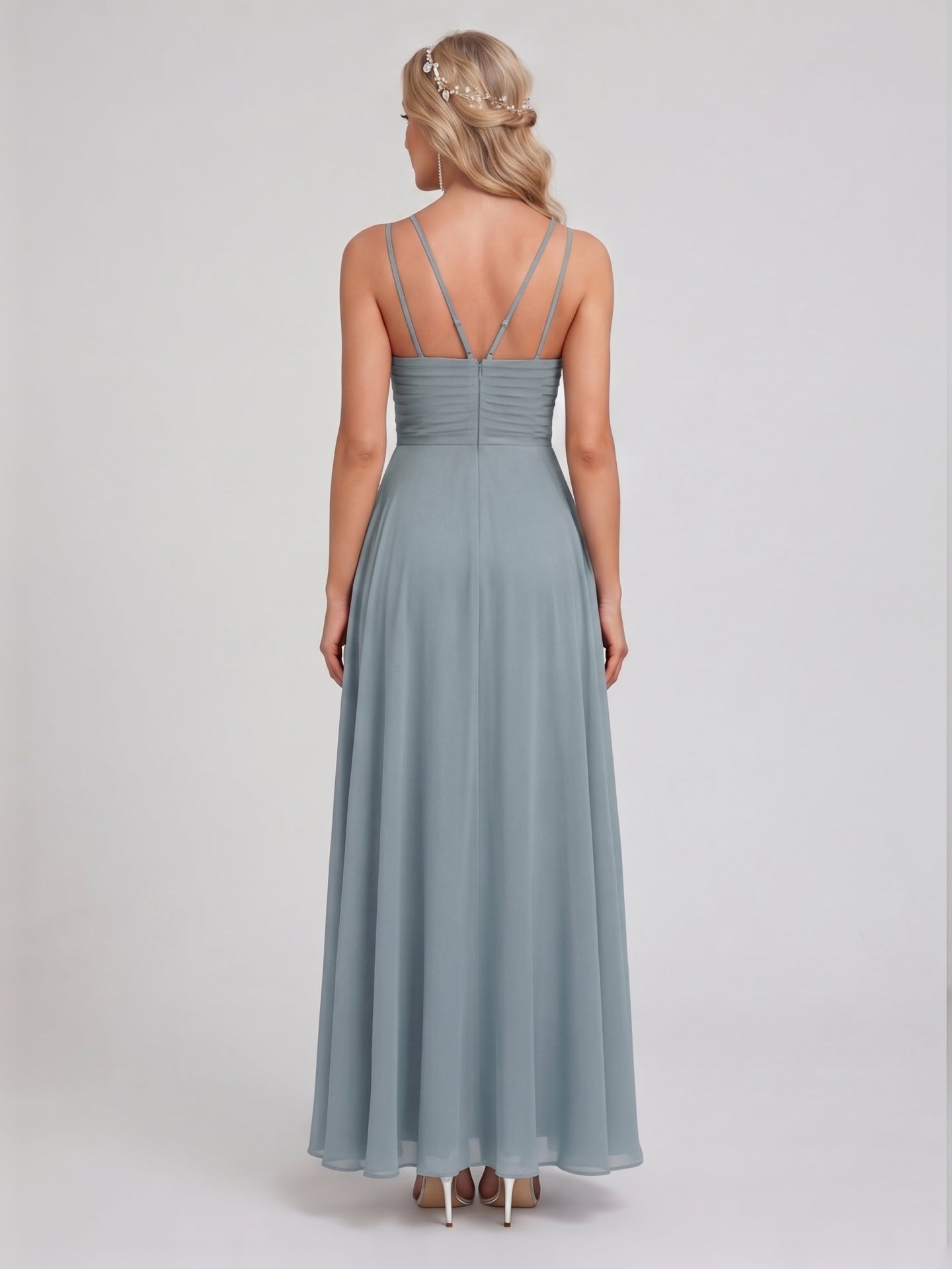 Elegant Dusty Blue Chiffon A-Line Scoop Neck Back Zip with Sash Detail Ankle-Length Bridesmaid Dress