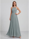 Elegant Dusty Blue Chiffon A-Line Scoop Neck Back Zip with Sash Detail Ankle-Length Bridesmaid Dress