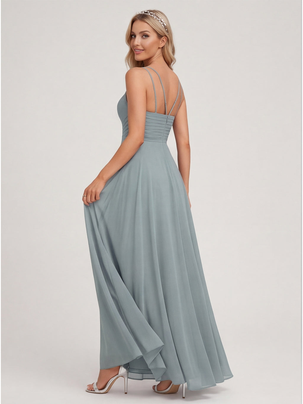 Elegant Dusty Blue Chiffon A-Line Scoop Neck Back Zip with Sash Detail Ankle-Length Bridesmaid Dress