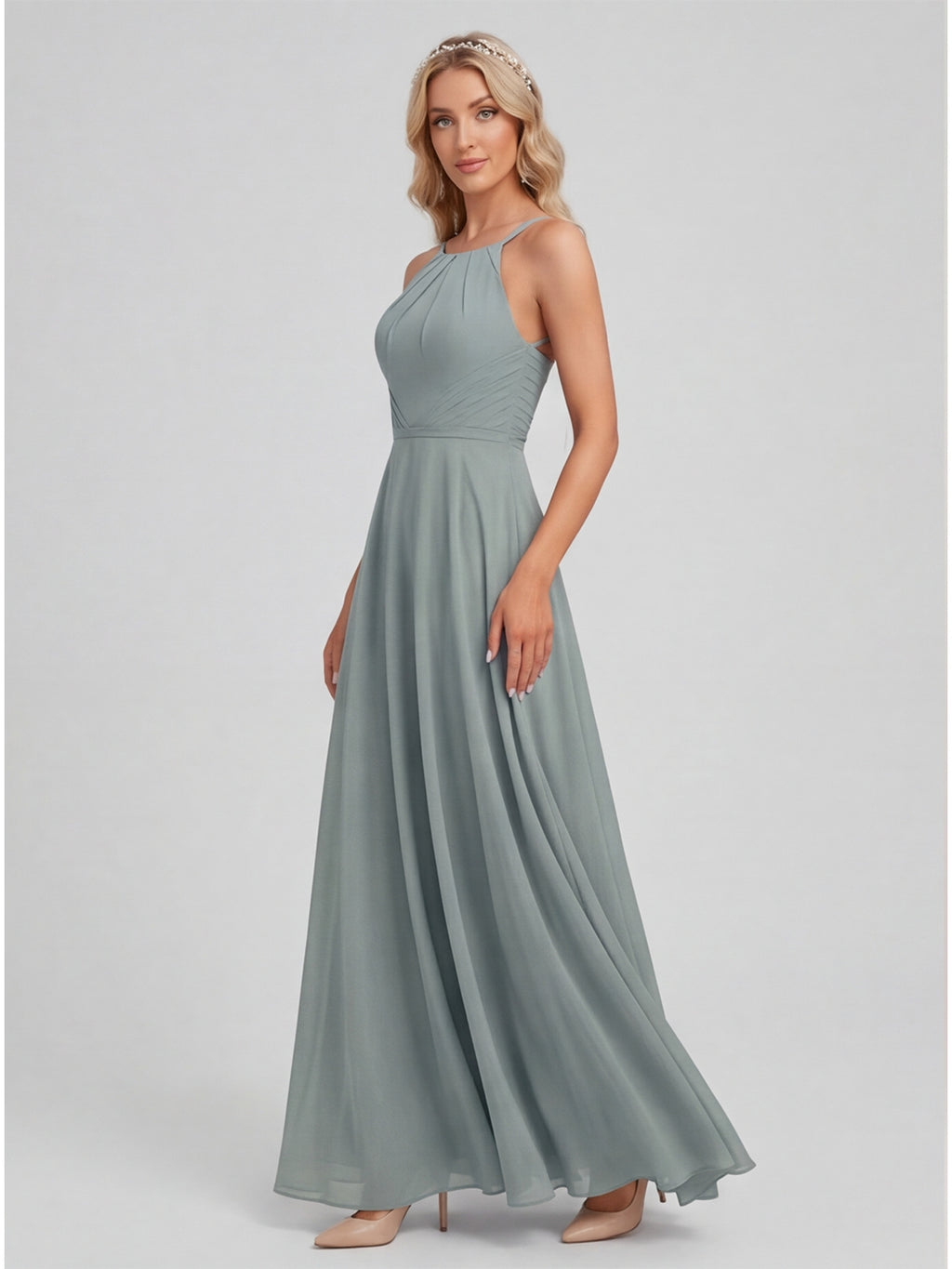 Elegant Dusty Blue Chiffon A-Line Scoop Neck Back Zip with Sash Detail Ankle-Length Bridesmaid Dress