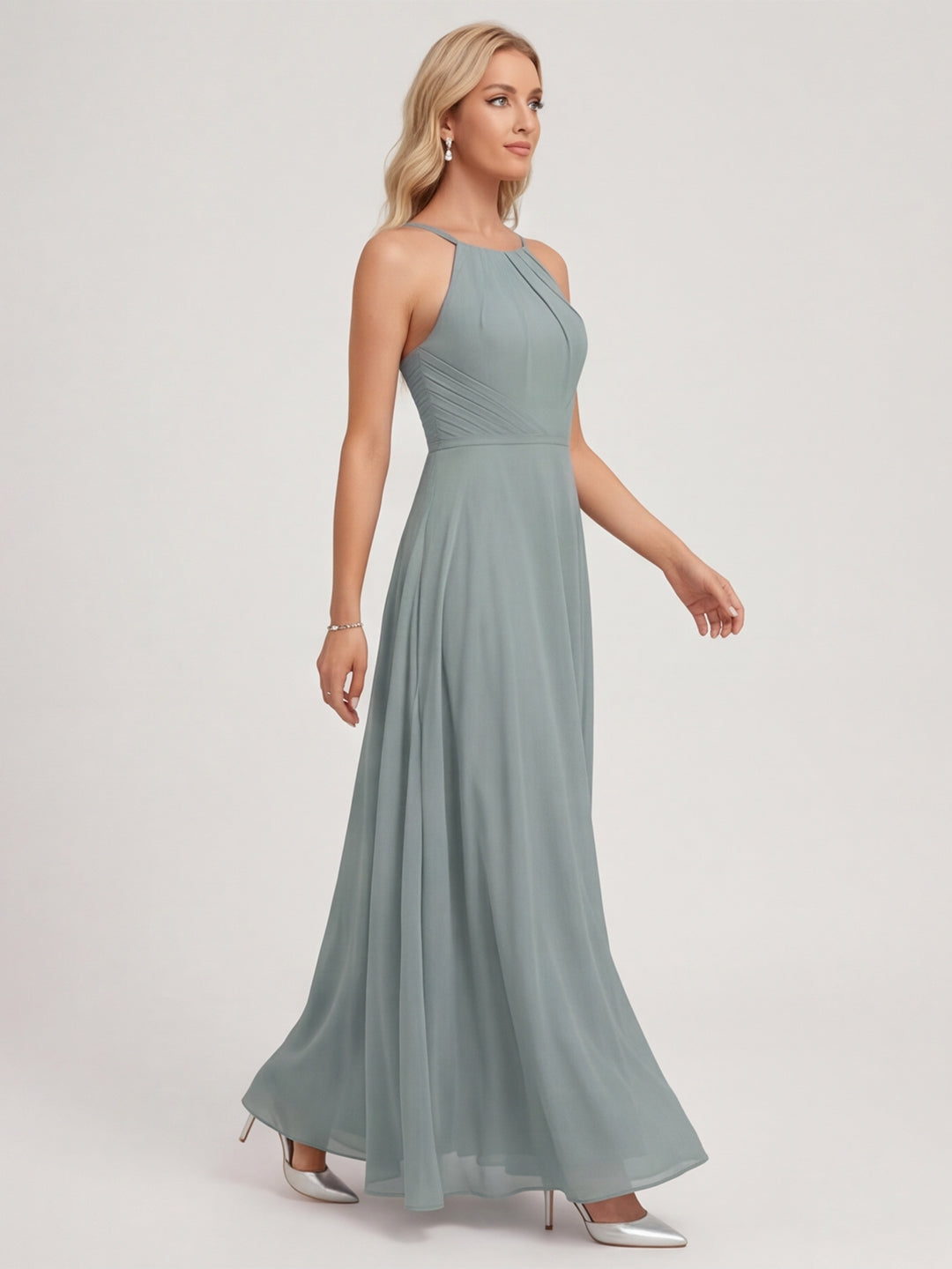 Elegant Dusty Blue Chiffon A-Line Scoop Neck Back Zip with Sash Detail Ankle-Length Bridesmaid Dress