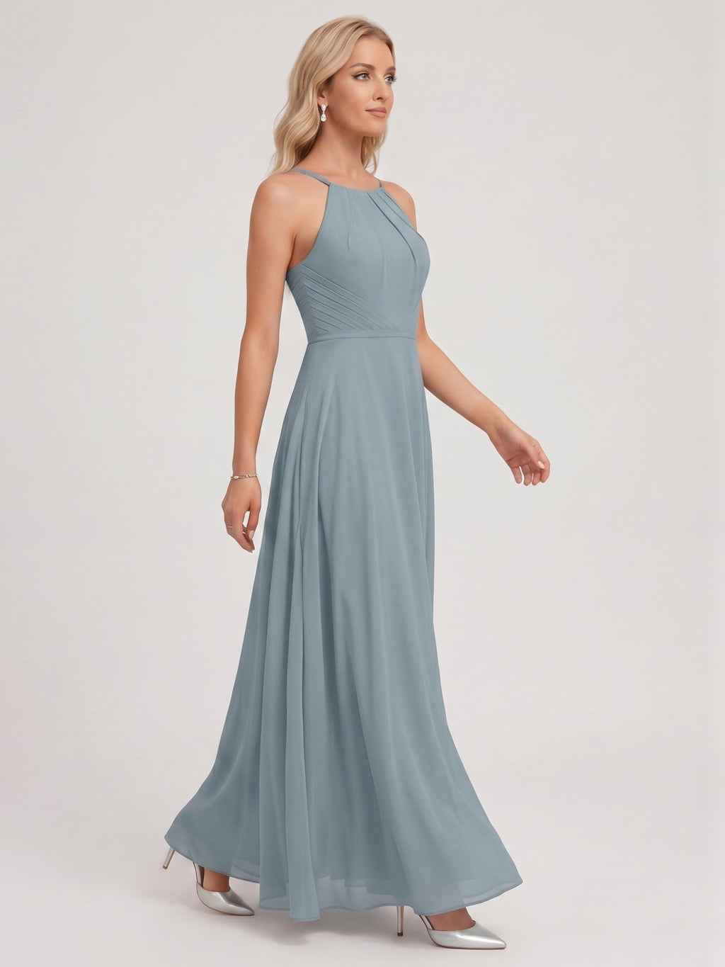 Elegant Dusty Blue Chiffon A-Line Scoop Neck Back Zip with Sash Detail Ankle-Length Bridesmaid Dress
