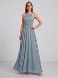 Elegant Dusty Blue Chiffon A-Line Scoop Neck Back Zip with Sash Detail Ankle-Length Bridesmaid Dress