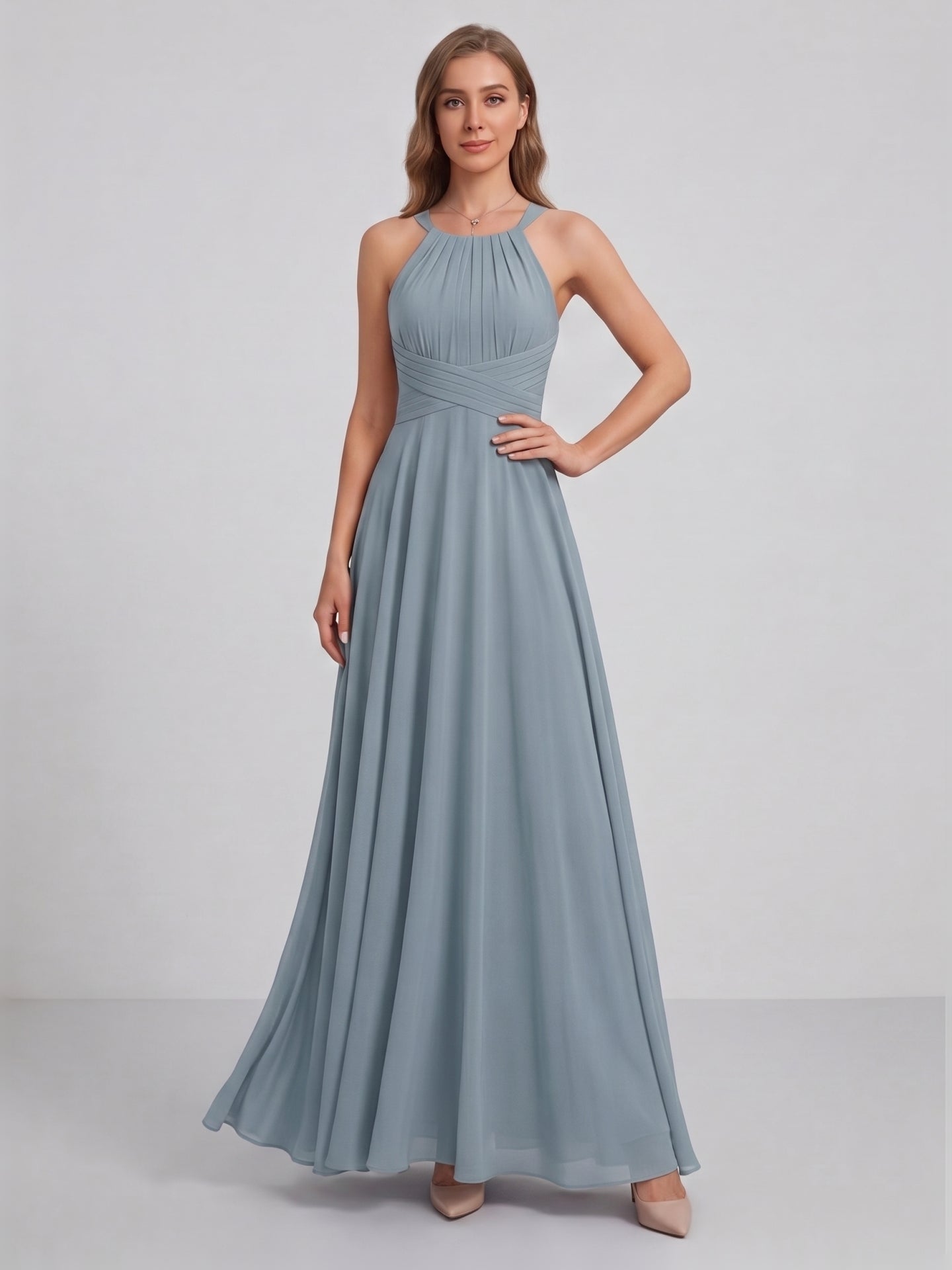 Elegant Dusty Blue Chiffon A-Line Scoop Neck Back Zip with Sash Detail Ankle-Length Bridesmaid Dress
