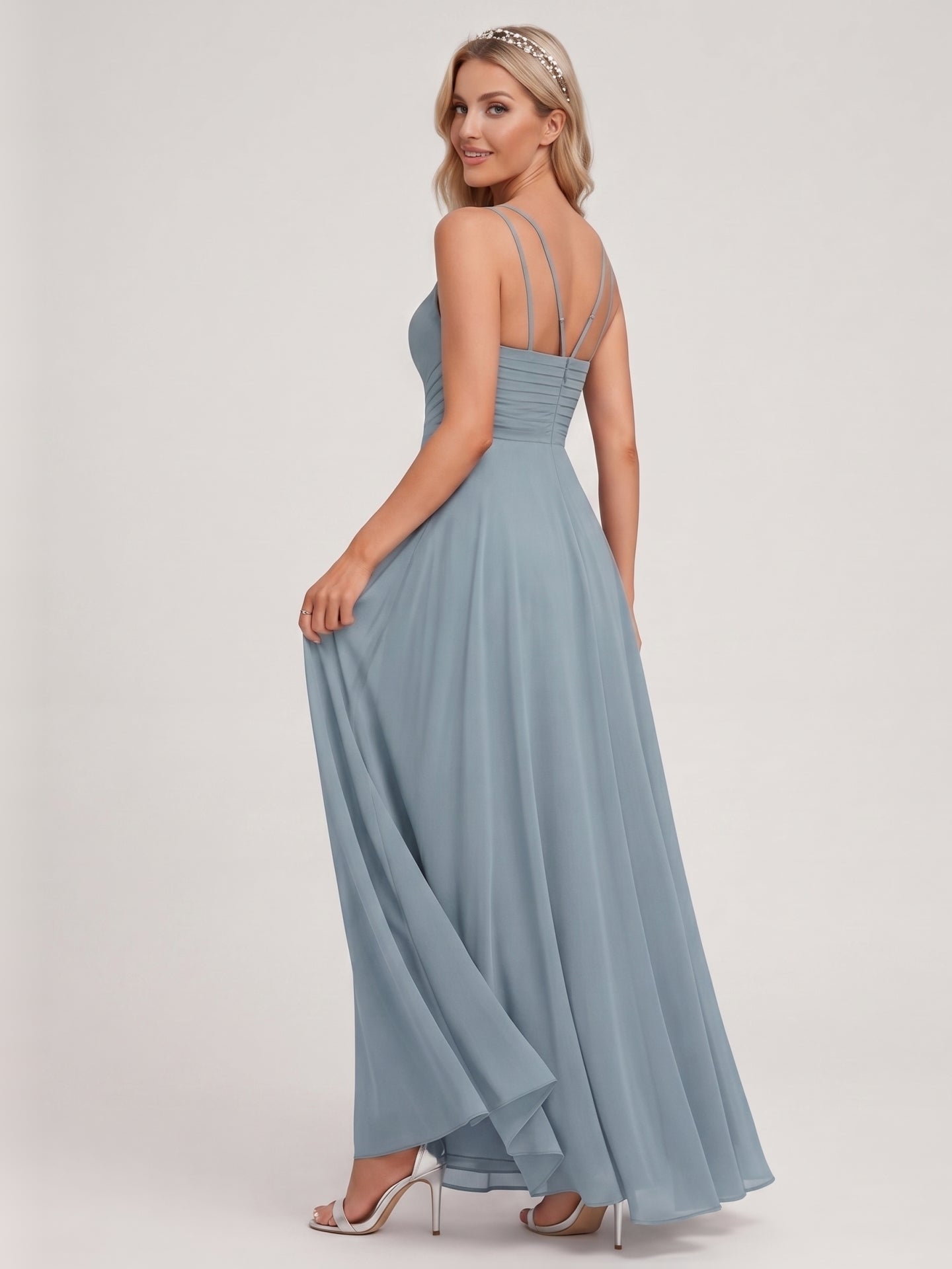 Elegant Dusty Blue Chiffon A-Line Scoop Neck Back Zip with Sash Detail Ankle-Length Bridesmaid Dress