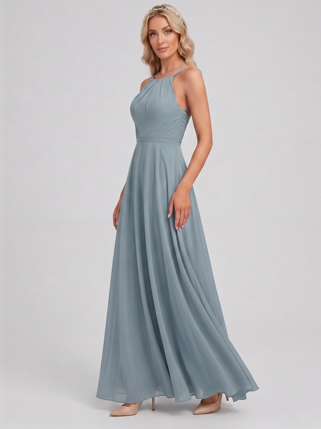 Elegant Dusty Blue Chiffon A-Line Scoop Neck Back Zip with Sash Detail Ankle-Length Bridesmaid Dress