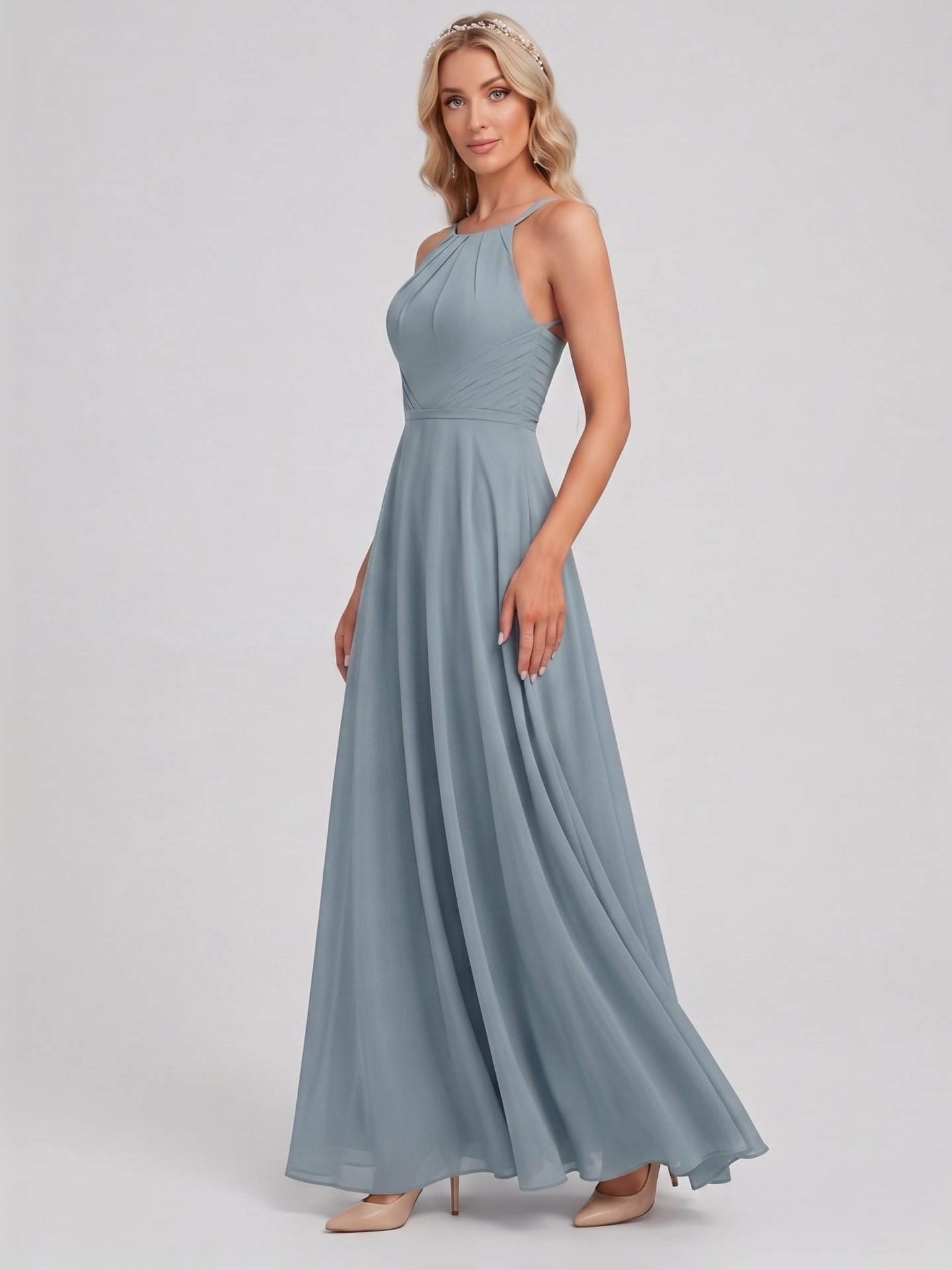 Elegant Dusty Blue Chiffon A-Line Scoop Neck Back Zip with Sash Detail Ankle-Length Bridesmaid Dress
