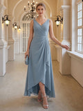 Elegant Dusty Blue Chiffon A-Line V-Neck V-Back with nan Ankle-Length  Bridesmaid Dress