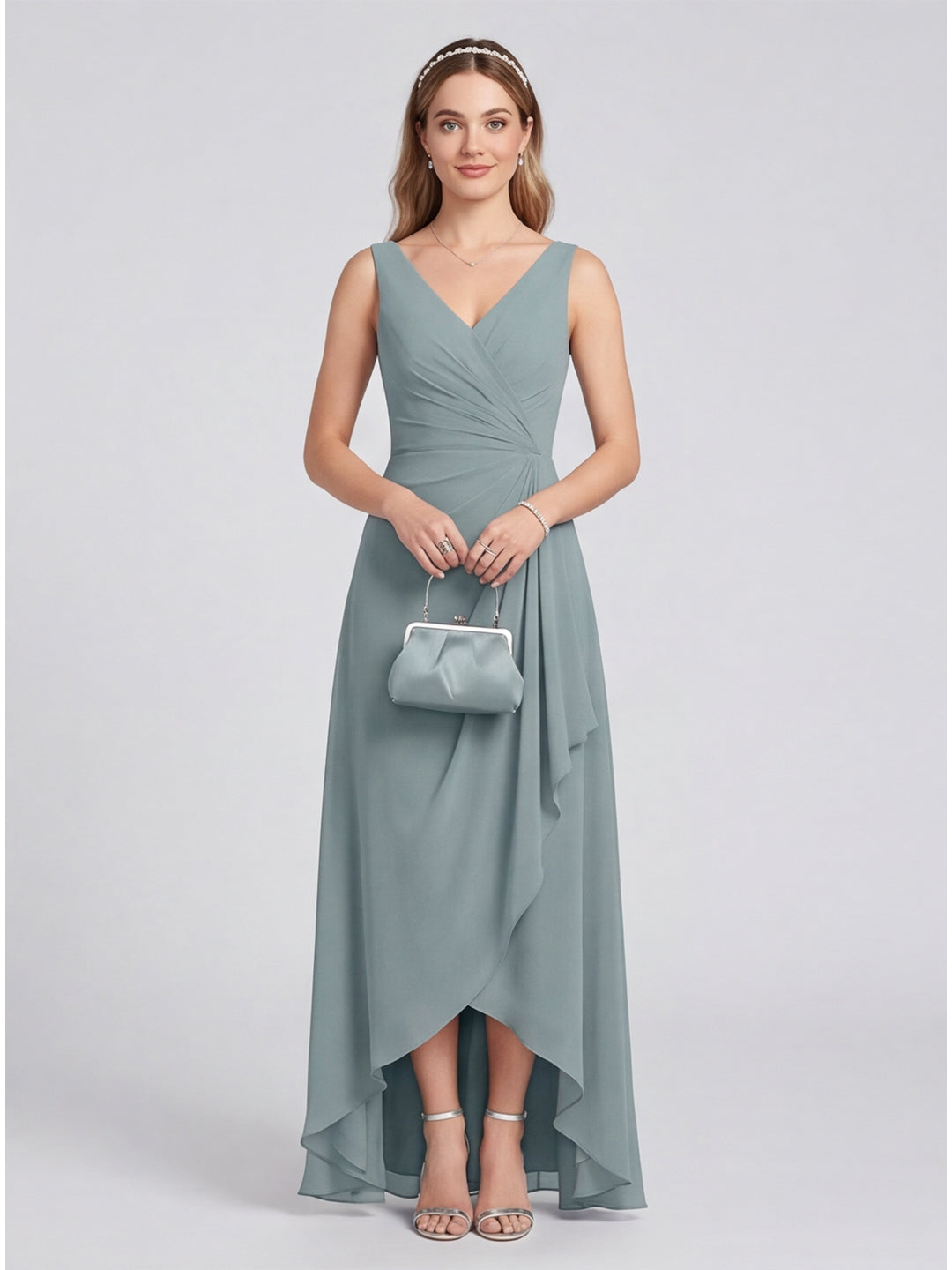 Elegant Dusty Blue Chiffon A-Line V-Neck V-Back with nan Ankle-Length  Bridesmaid Dress
