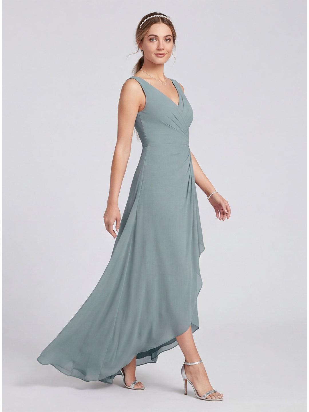 Elegant Dusty Blue Chiffon A-Line V-Neck V-Back with nan Ankle-Length  Bridesmaid Dress