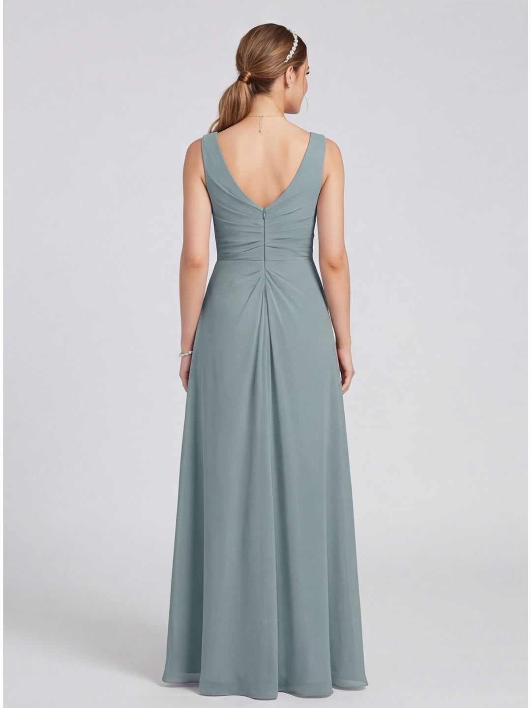 Elegant Dusty Blue Chiffon A-Line V-Neck V-Back with nan Ankle-Length  Bridesmaid Dress