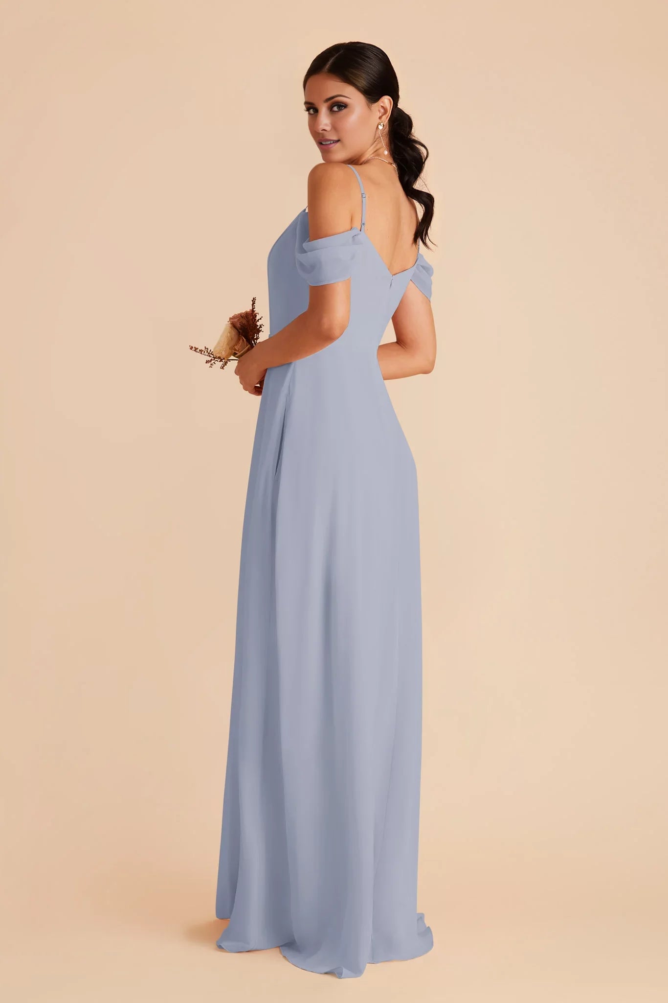 Elegant Dusty Blue Chiffon Cold-Shoulder Deep V-Neck Maxi Bridesmaid Dress with High Side Slit