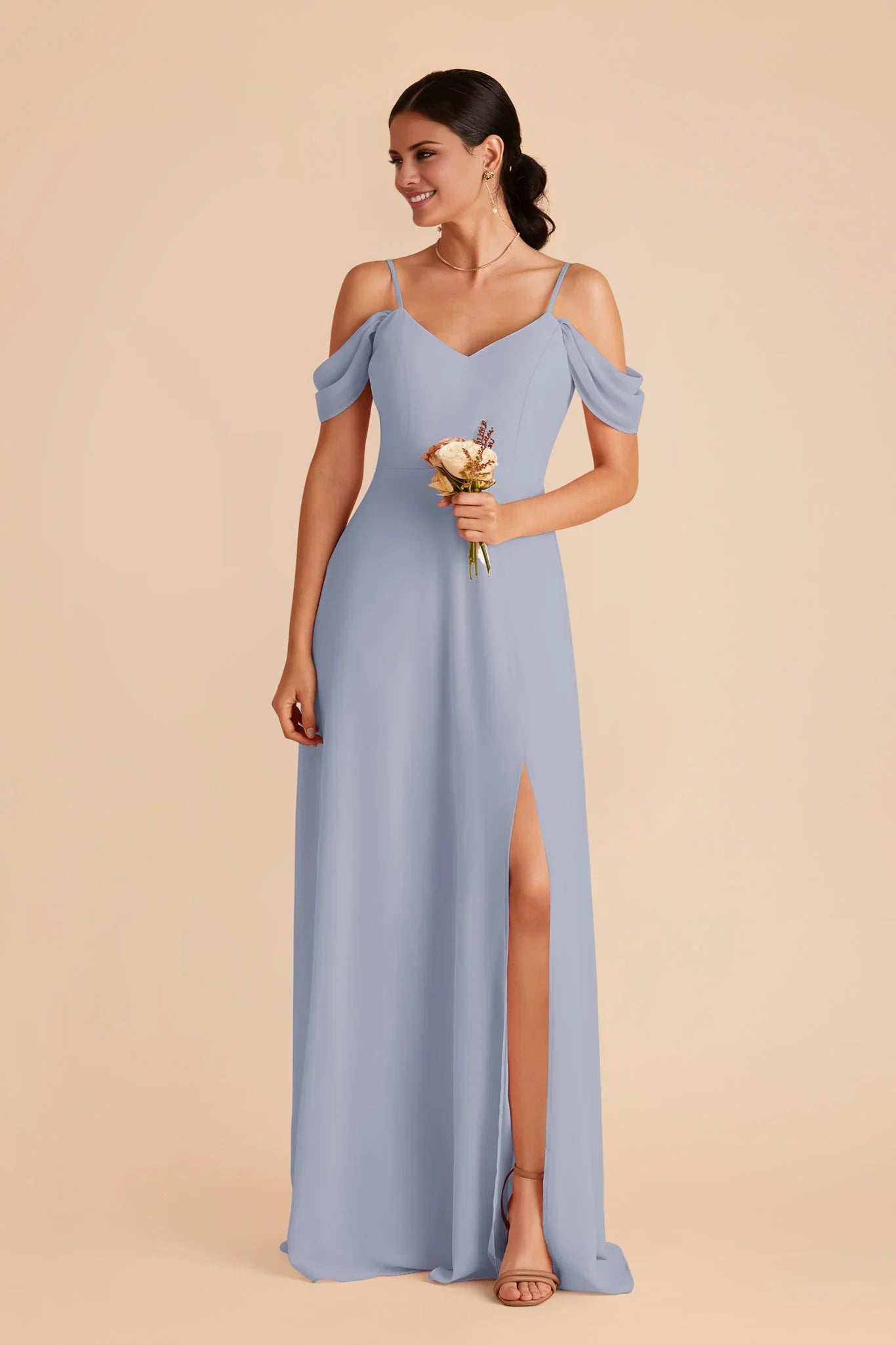 Elegant Dusty Blue Chiffon Cold-Shoulder Deep V-Neck Maxi Bridesmaid Dress with High Side Slit