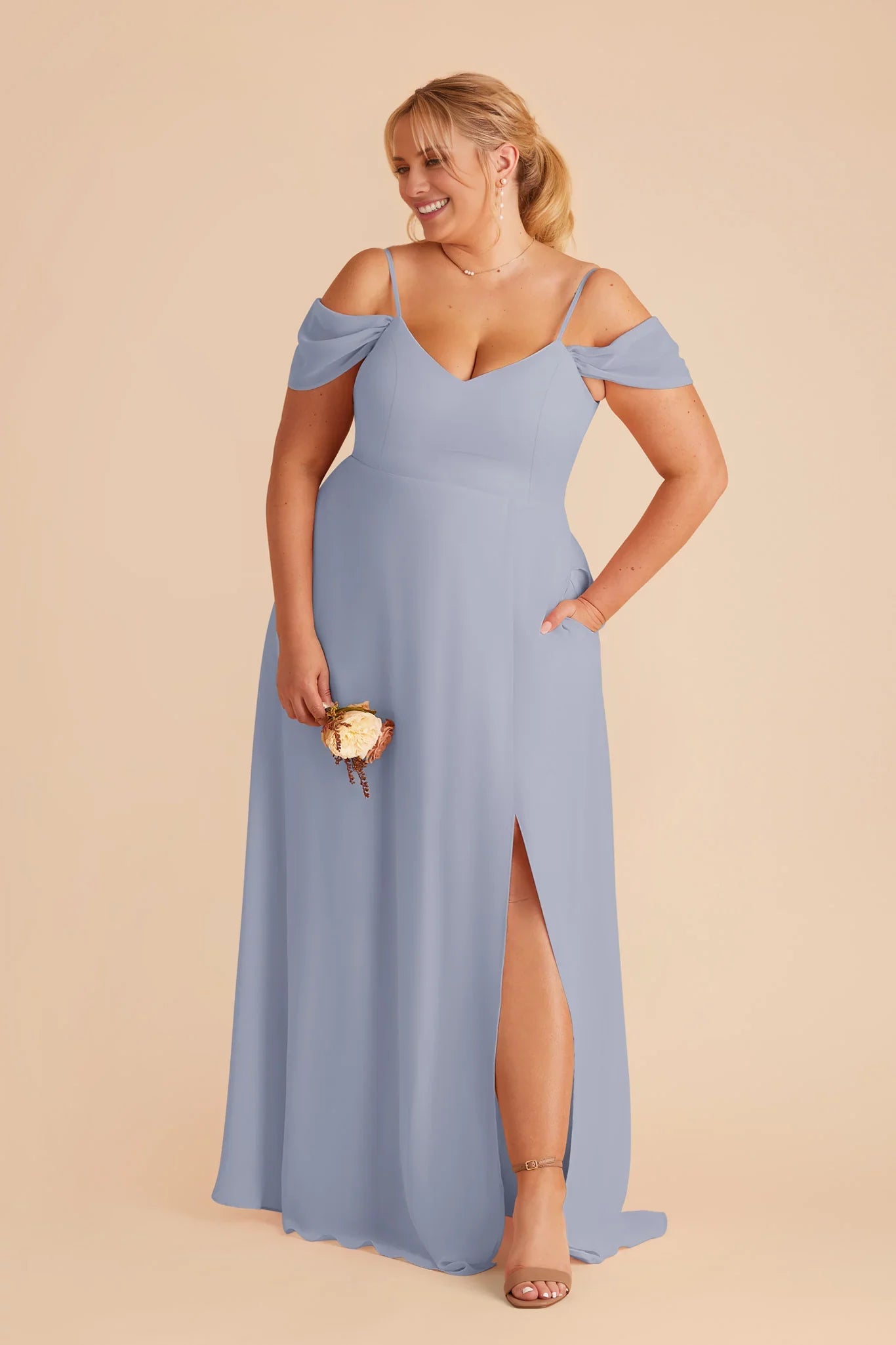 Elegant Dusty Blue Chiffon Cold-Shoulder Deep V-Neck Maxi Bridesmaid Dress with High Side Slit