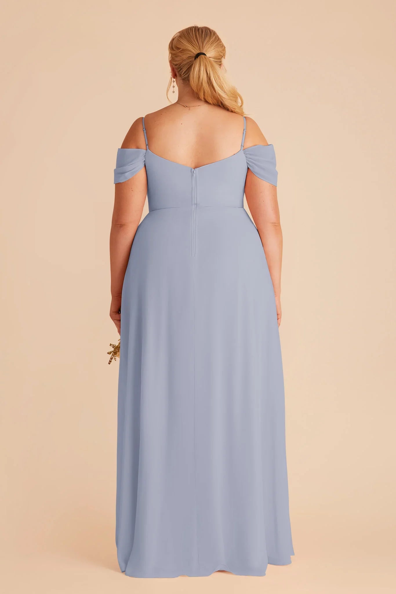 Elegant Dusty Blue Chiffon Cold-Shoulder Deep V-Neck Maxi Bridesmaid Dress with High Side Slit