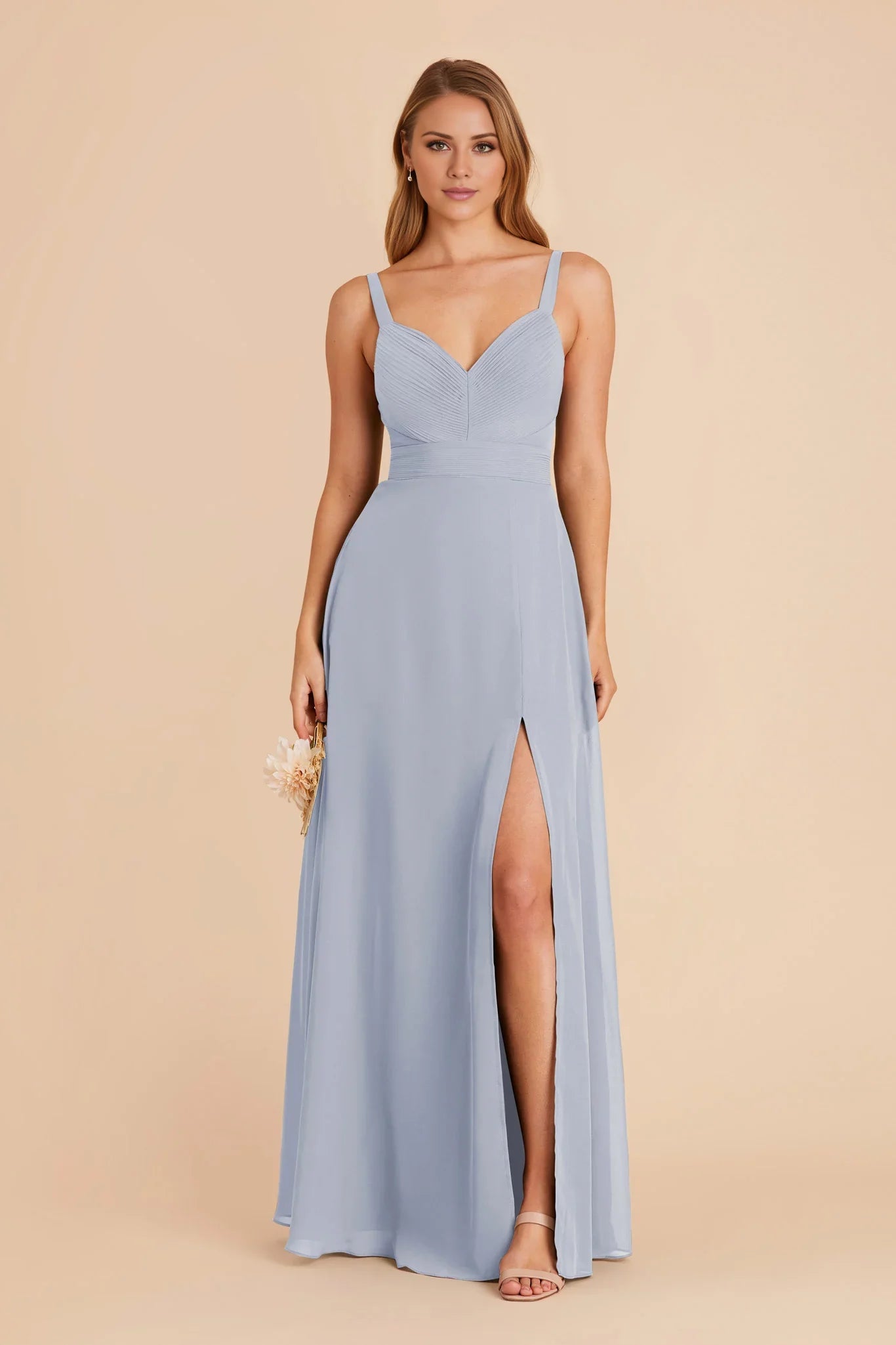 Elegant Dusty Blue Chiffon Deep V-Neck Pleated Bodice Maxi Bridesmaid Dress with High Side Slit