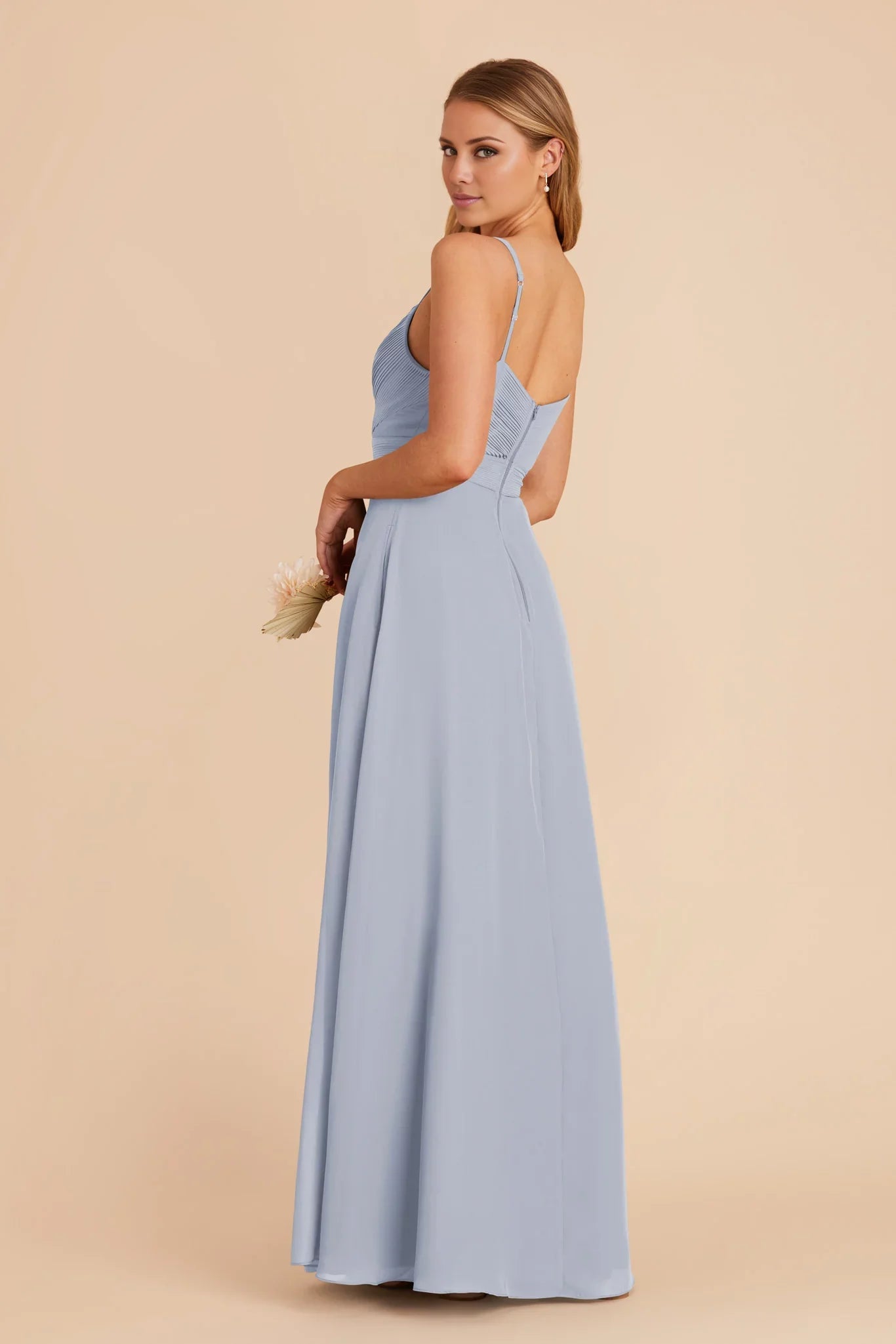 Elegant Dusty Blue Chiffon Deep V-Neck Pleated Bodice Maxi Bridesmaid Dress with High Side Slit