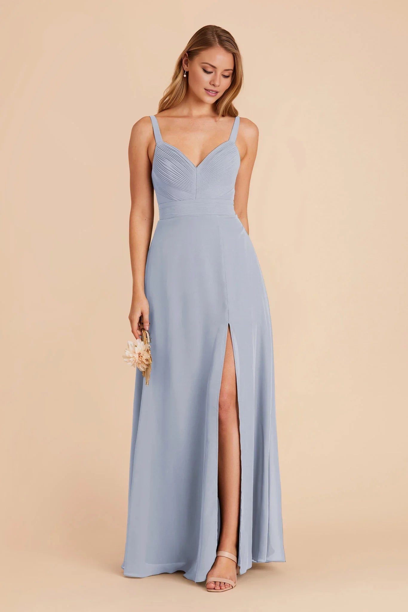 Elegant Dusty Blue Chiffon Deep V-Neck Pleated Bodice Maxi Bridesmaid Dress with High Side Slit