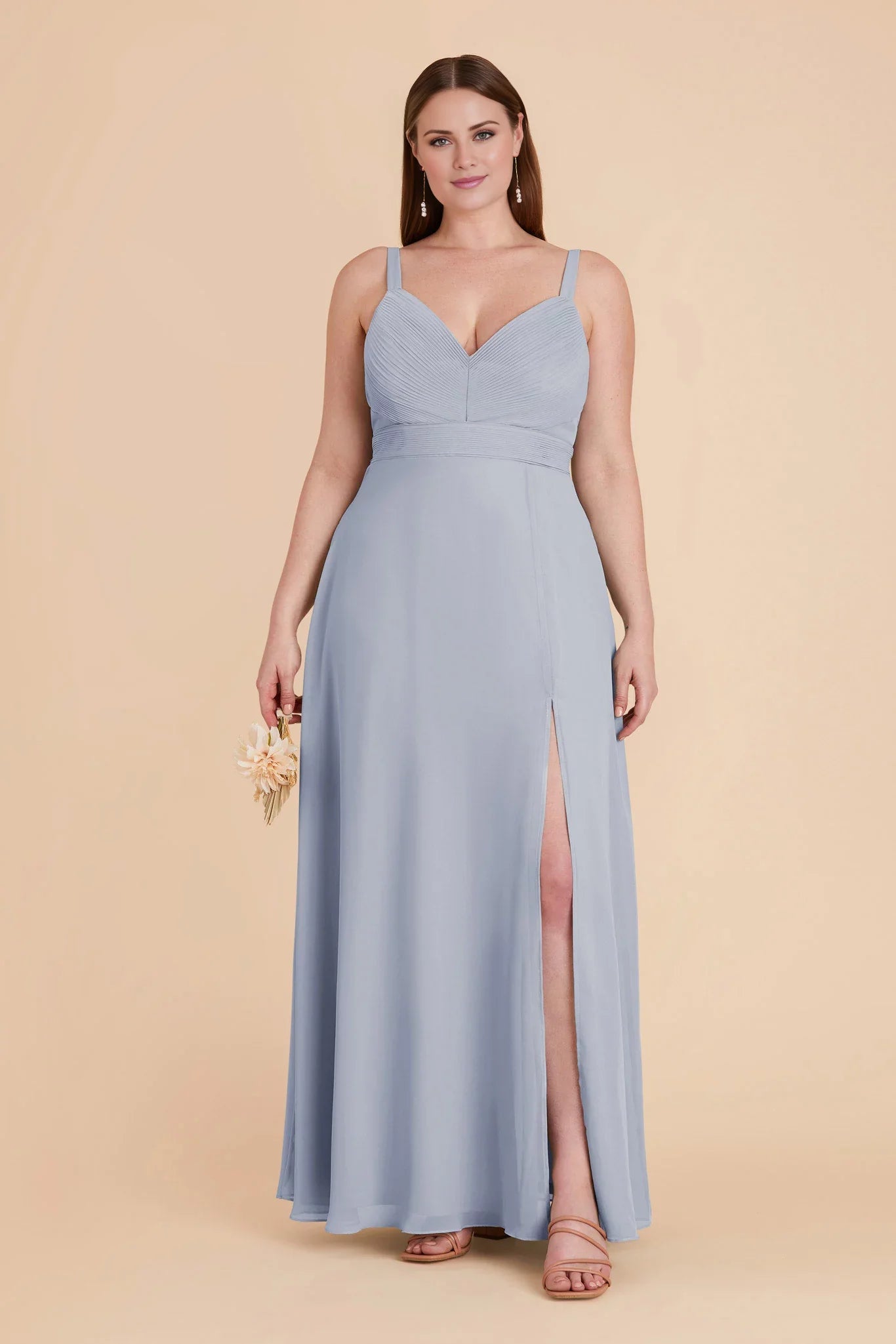 Elegant Dusty Blue Chiffon Deep V-Neck Pleated Bodice Maxi Bridesmaid Dress with High Side Slit