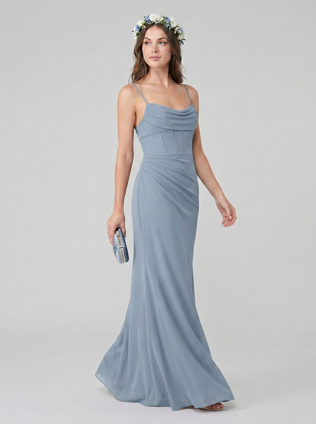 Elegant Dusty Blue Chiffon Sheath Cowl Neck Backless Ankle-Length Bridesmaid Dress