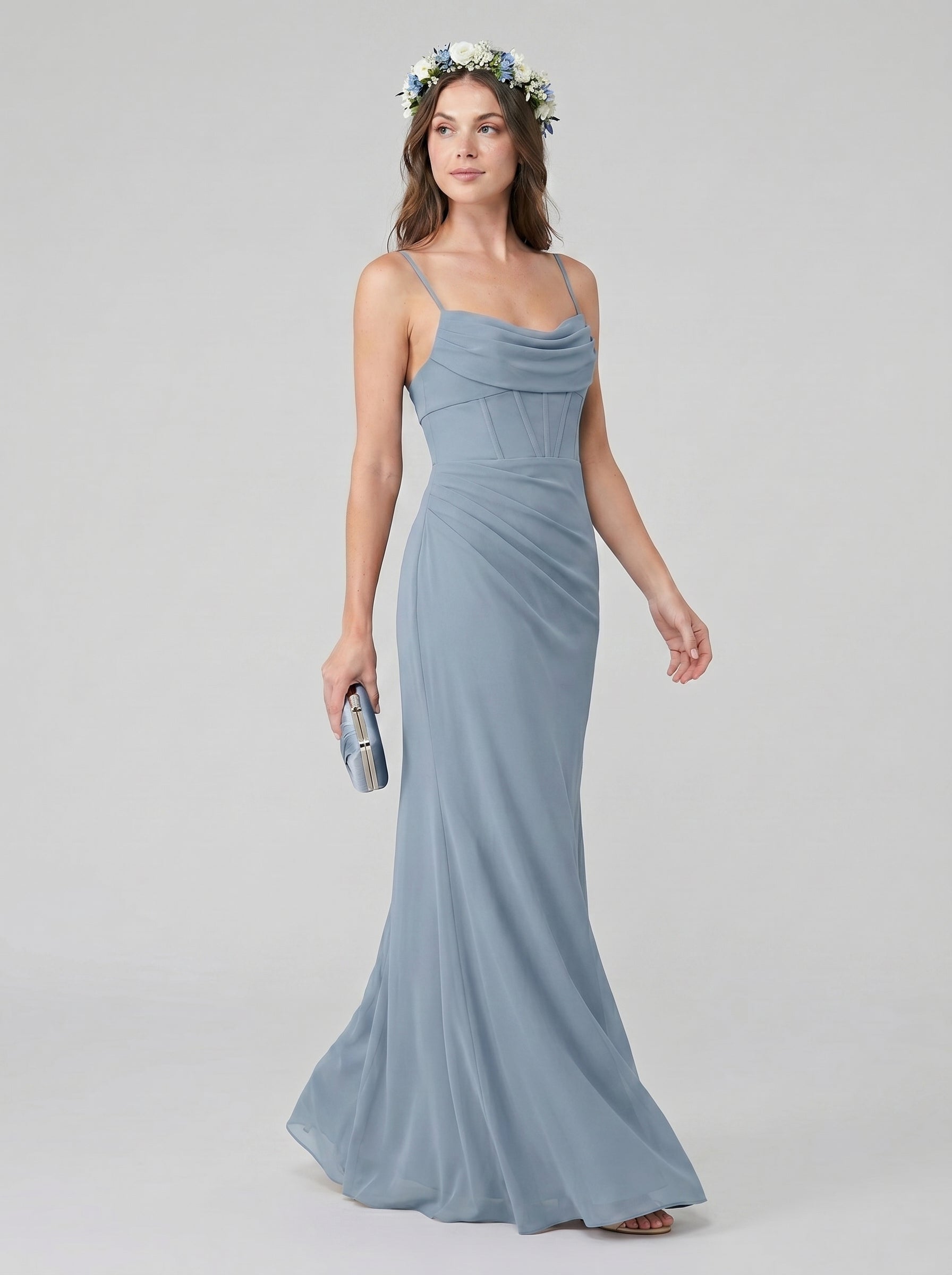 Elegant Dusty Blue Chiffon Sheath Cowl Neck Backless Ankle-Length Bridesmaid Dress