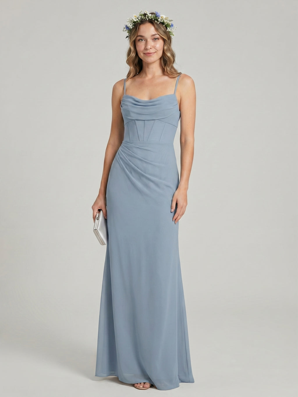 Elegant Dusty Blue Chiffon Sheath Cowl Neck Backless Ankle-Length Bridesmaid Dress