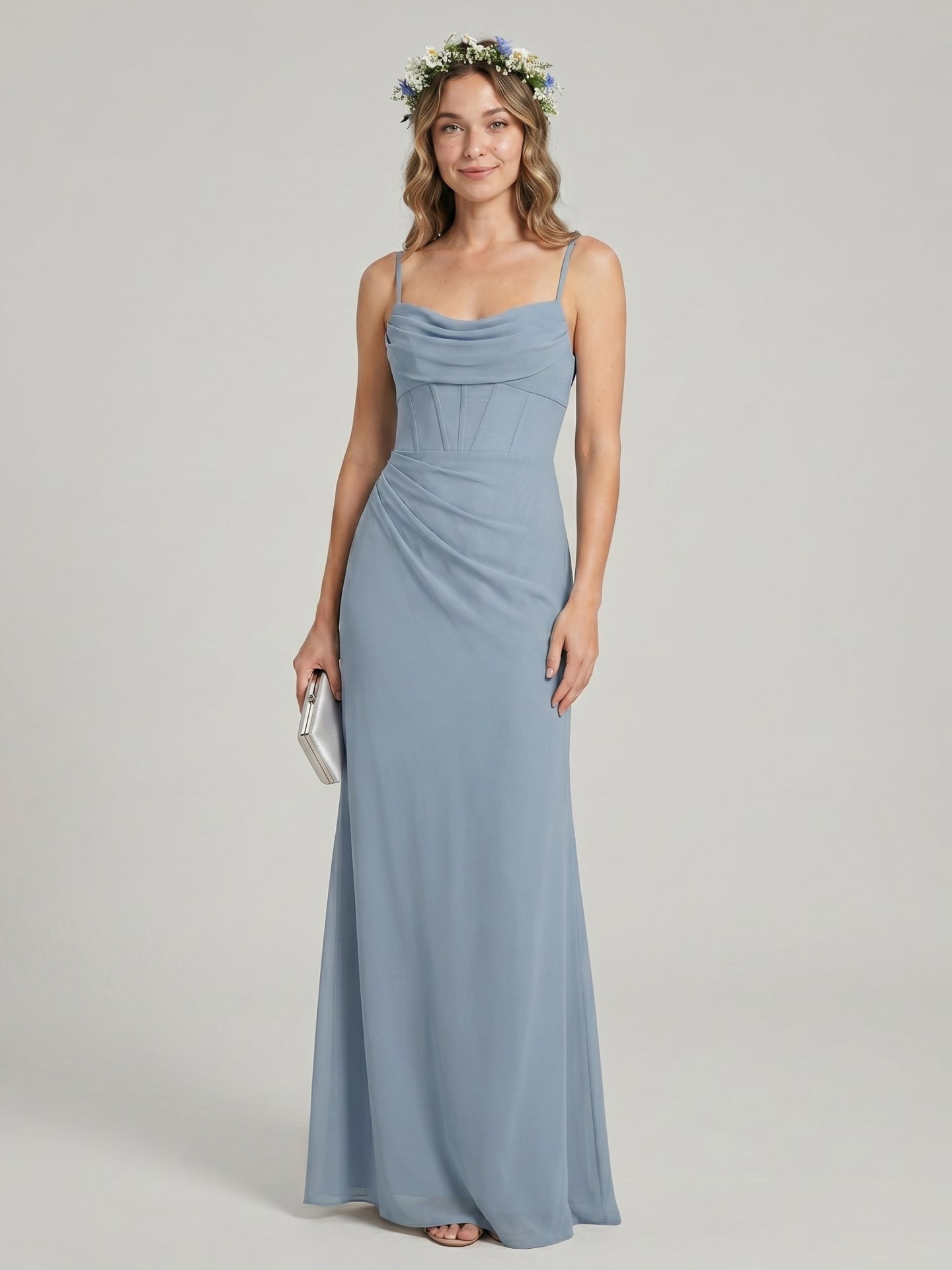 Elegant Dusty Blue Chiffon Sheath Cowl Neck Backless Ankle-Length Bridesmaid Dress