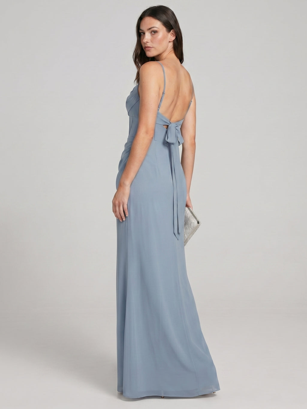 Elegant Dusty Blue Chiffon Sheath Cowl Neck Backless Ankle-Length Bridesmaid Dress