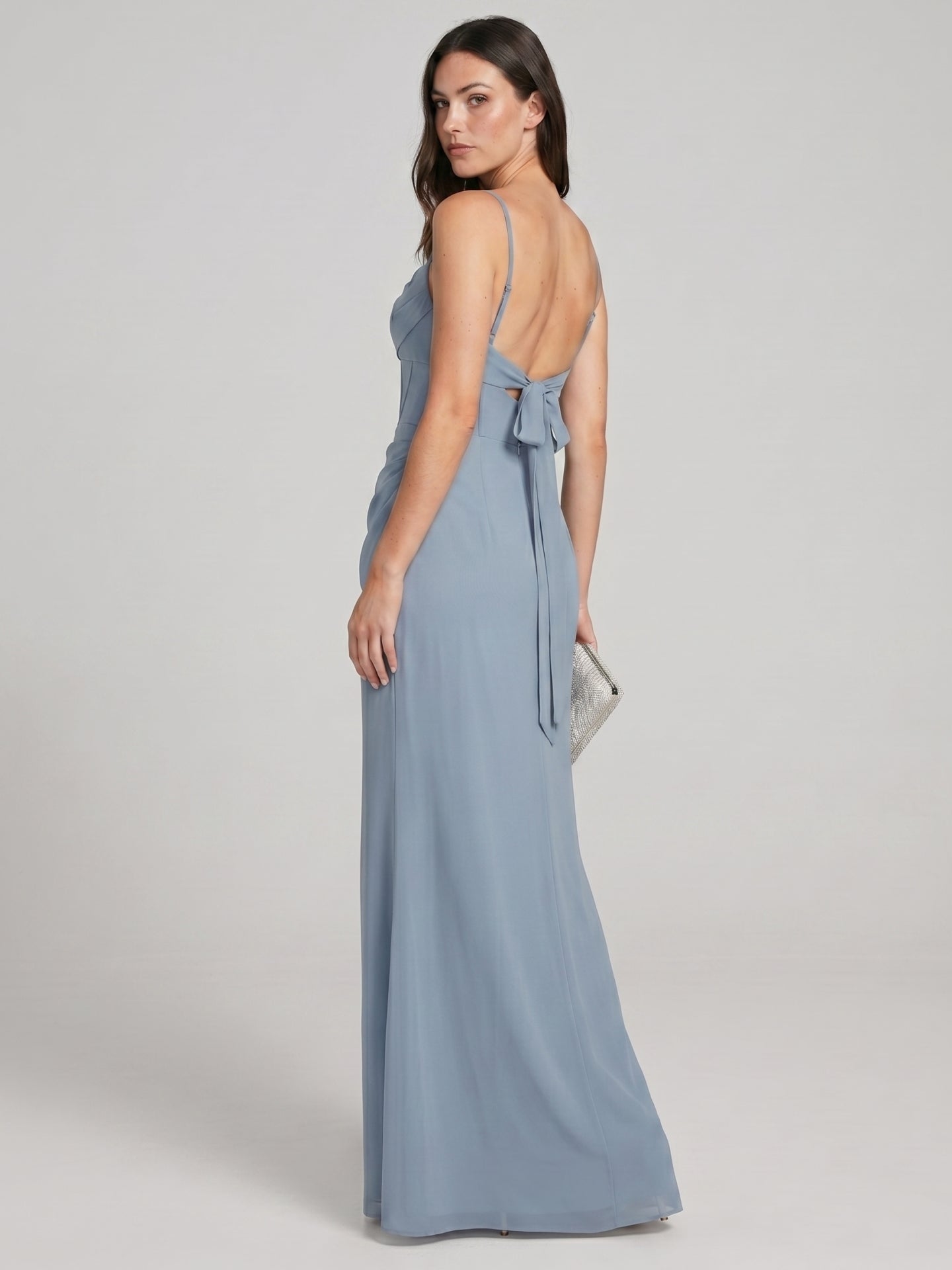 Elegant Dusty Blue Chiffon Sheath Cowl Neck Backless Ankle-Length Bridesmaid Dress