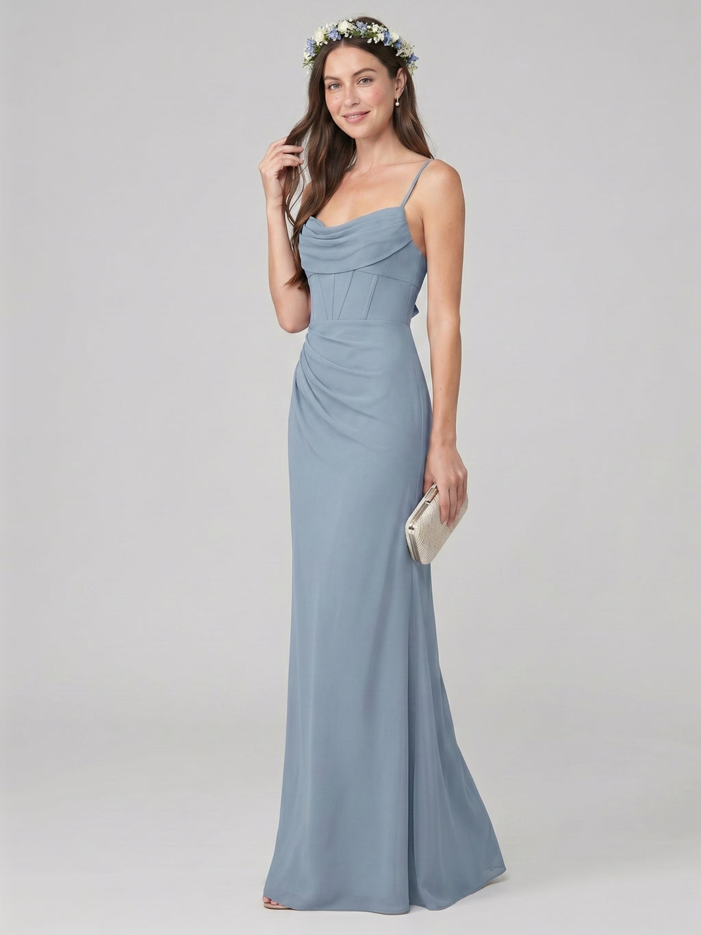 Elegant Dusty Blue Chiffon Sheath Cowl Neck Backless Ankle-Length Bridesmaid Dress