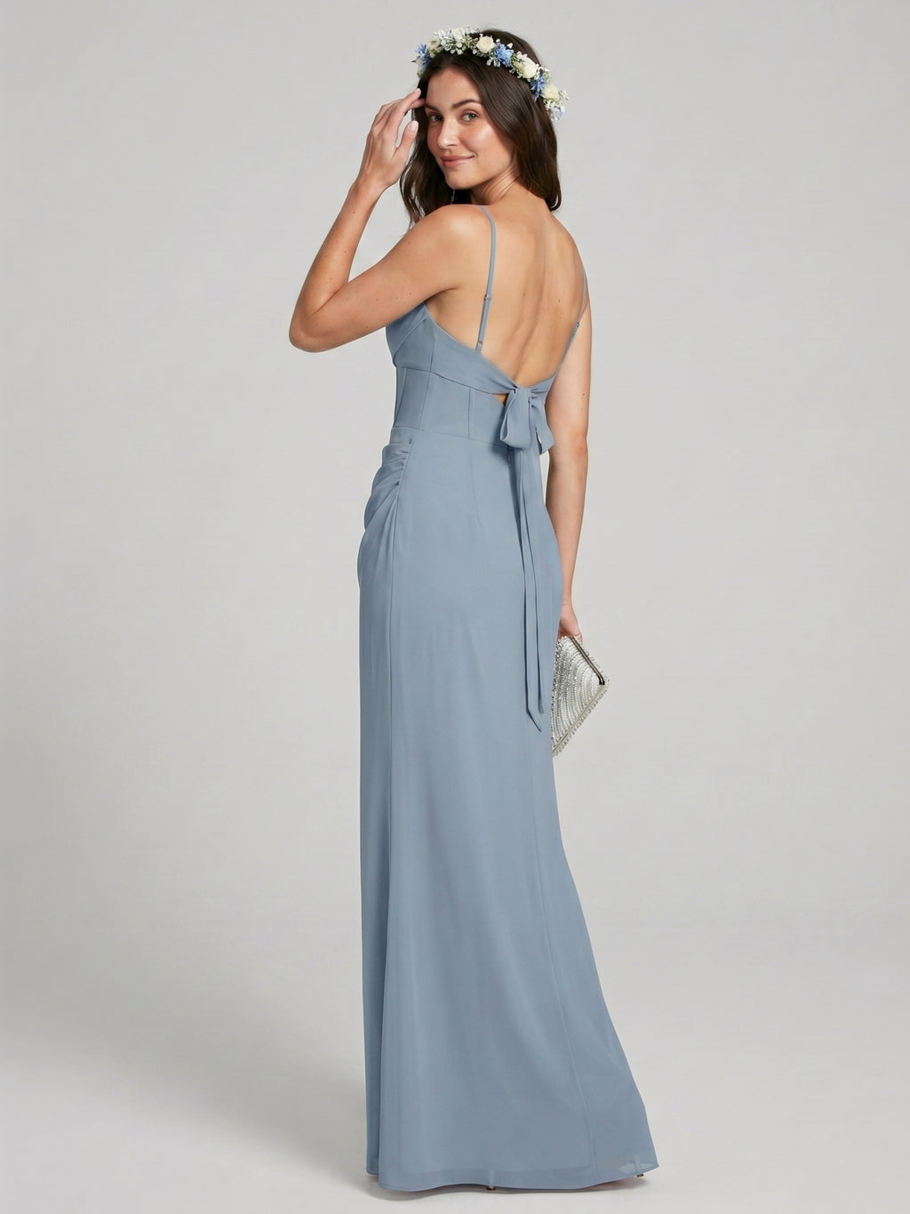 Elegant Dusty Blue Chiffon Sheath Cowl Neck Backless Ankle-Length Bridesmaid Dress