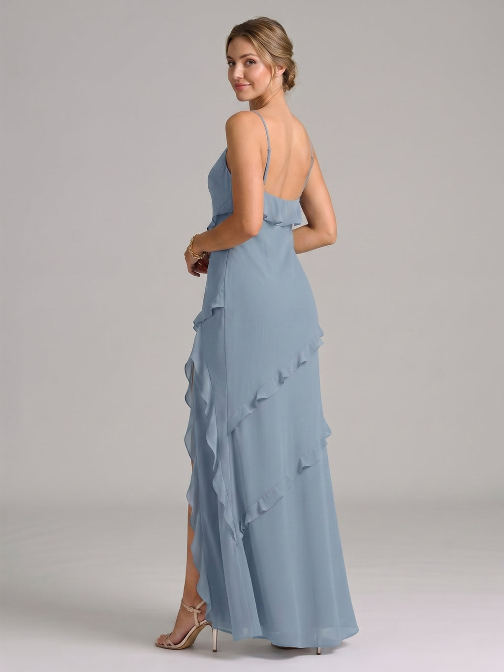 Elegant Dusty Blue Chiffon Sheath Sweetheart Backless with Ruffle Ankle-Length Bridesmaid Dress