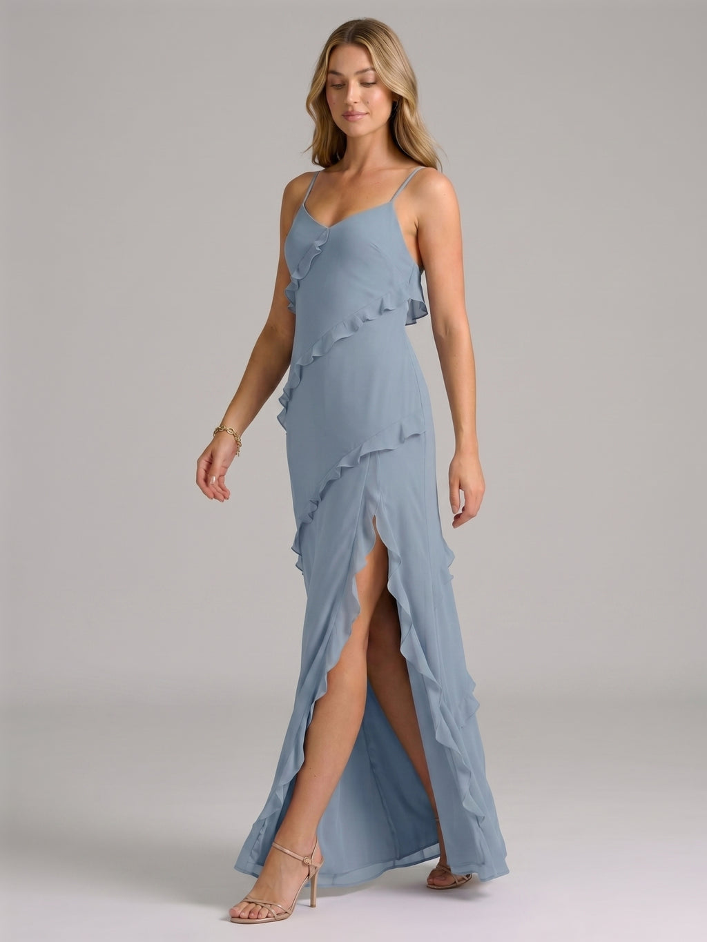 Elegant Dusty Blue Chiffon Sheath Sweetheart Backless with Ruffle Ankle-Length Bridesmaid Dress
