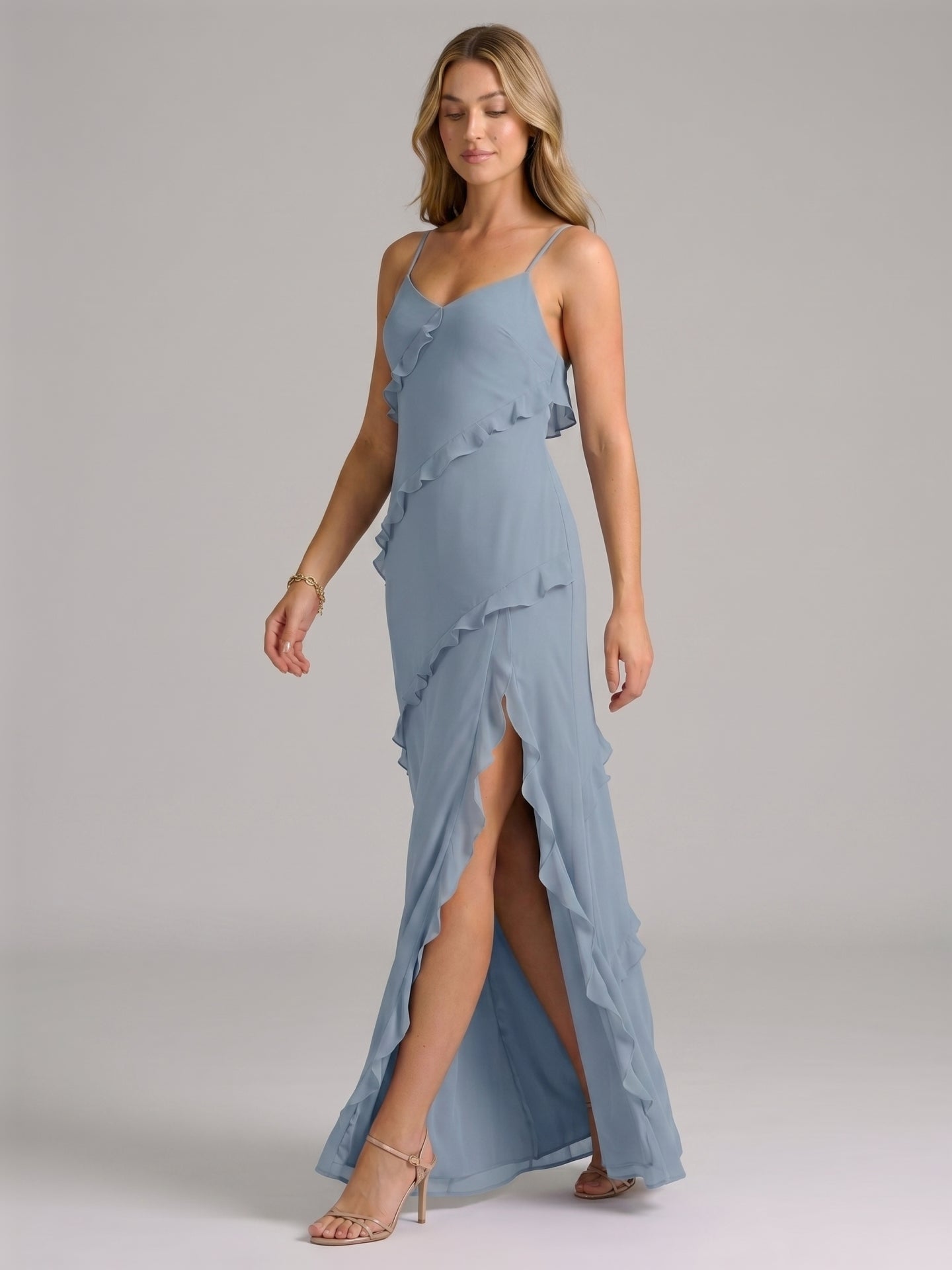 Elegant Dusty Blue Chiffon Sheath Sweetheart Backless with Ruffle Ankle-Length Bridesmaid Dress
