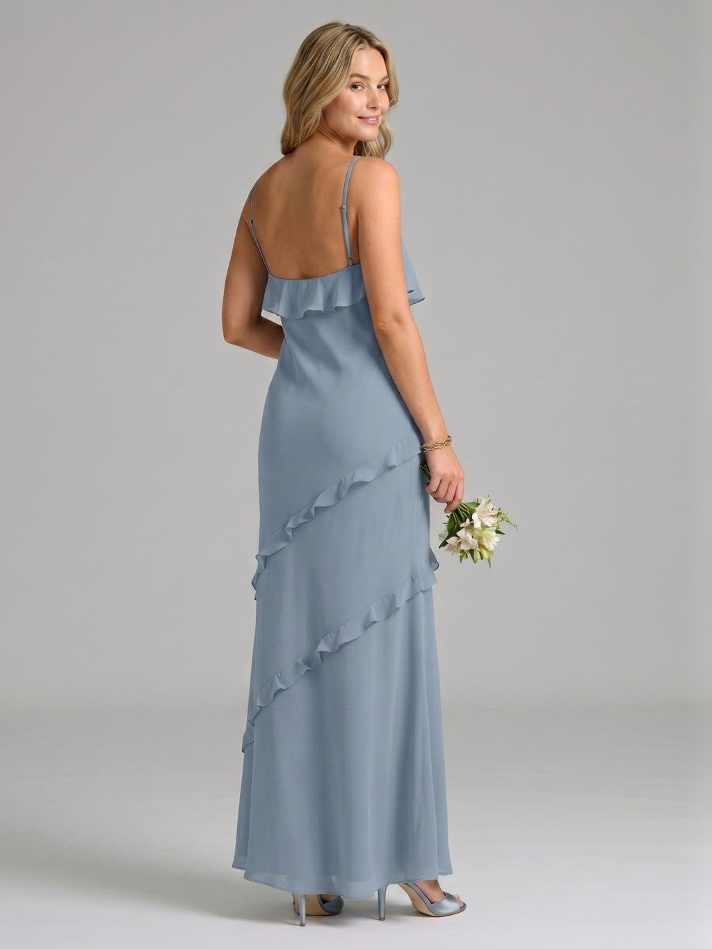 Elegant Dusty Blue Chiffon Sheath Sweetheart Backless with Ruffle Ankle-Length Bridesmaid Dress