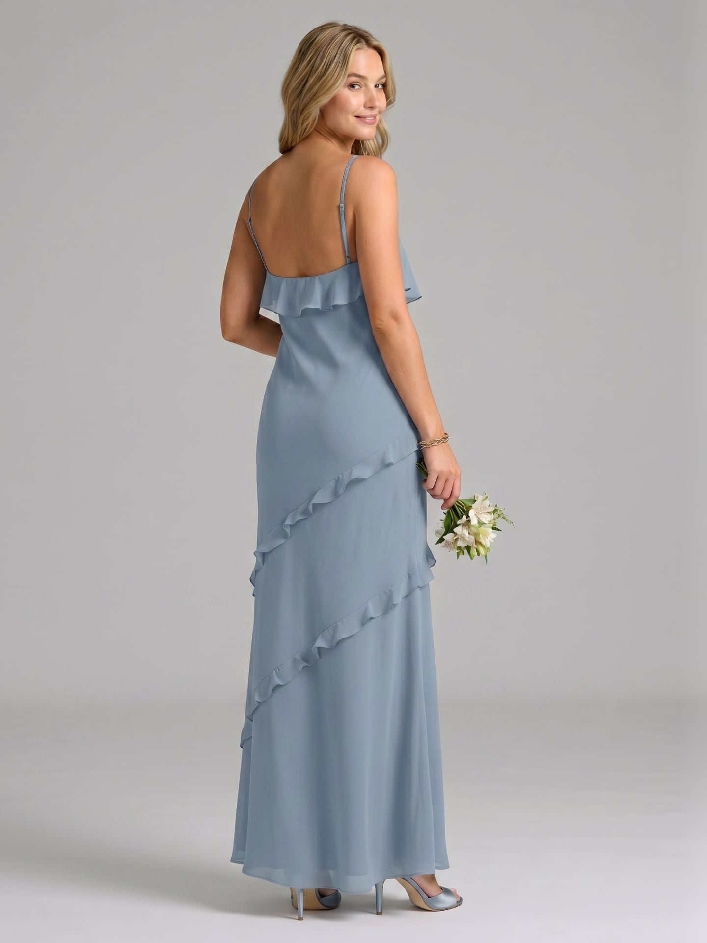 Elegant Dusty Blue Chiffon Sheath Sweetheart Backless with Ruffle Ankle-Length Bridesmaid Dress