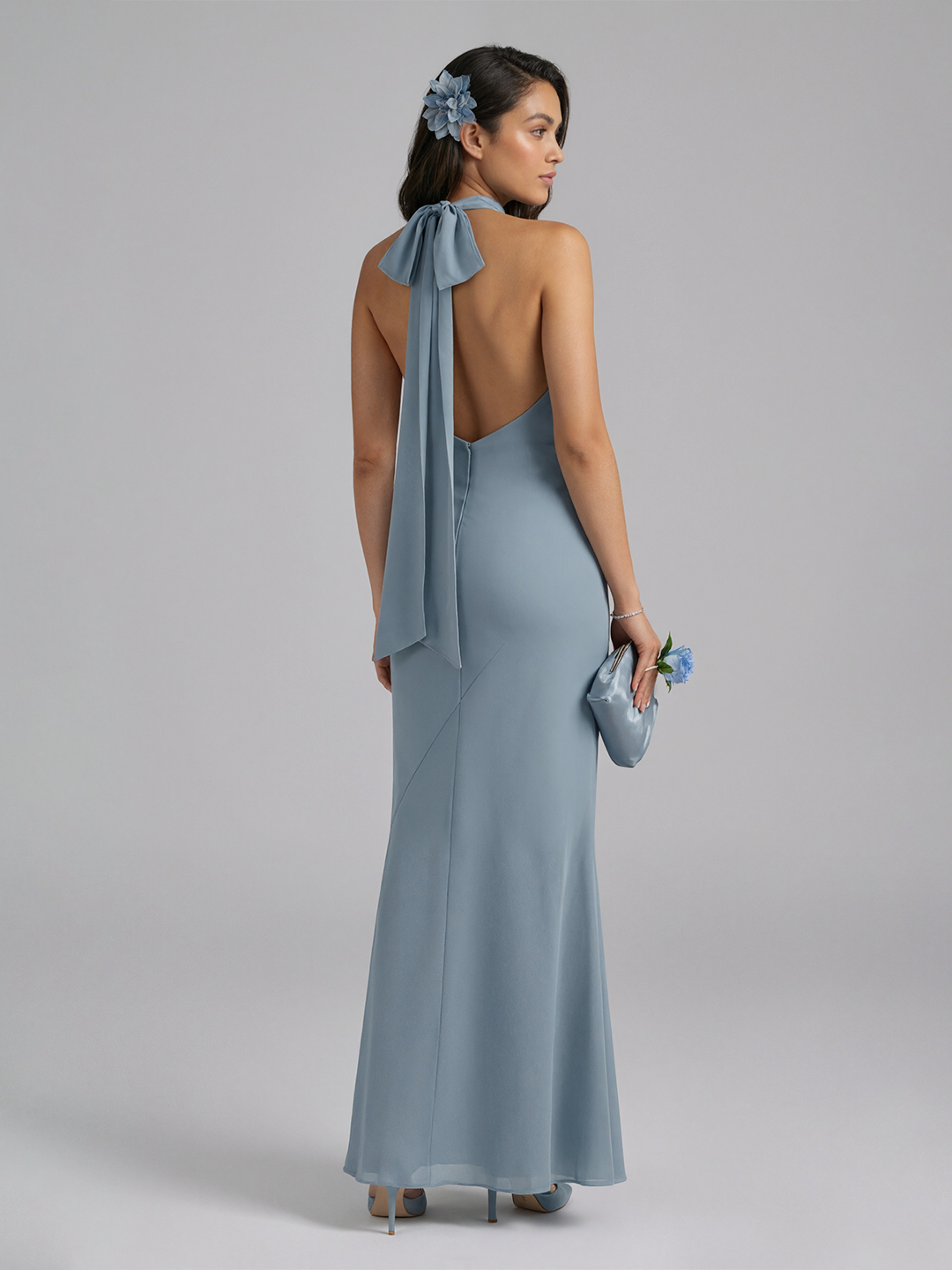Elegant Dusty Blue Chiffon Trumpet Halter neckline Ankle-Length Bridesmaid Dress