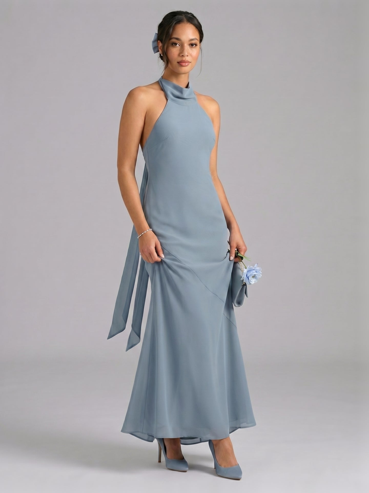 Elegant Dusty Blue Chiffon Trumpet Halter neckline Ankle-Length Bridesmaid Dress