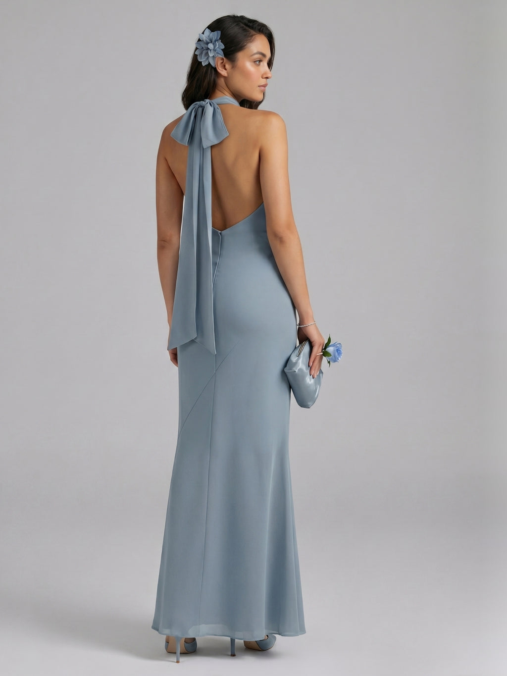 Elegant Dusty Blue Chiffon Trumpet Halter neckline Ankle-Length Bridesmaid Dress
