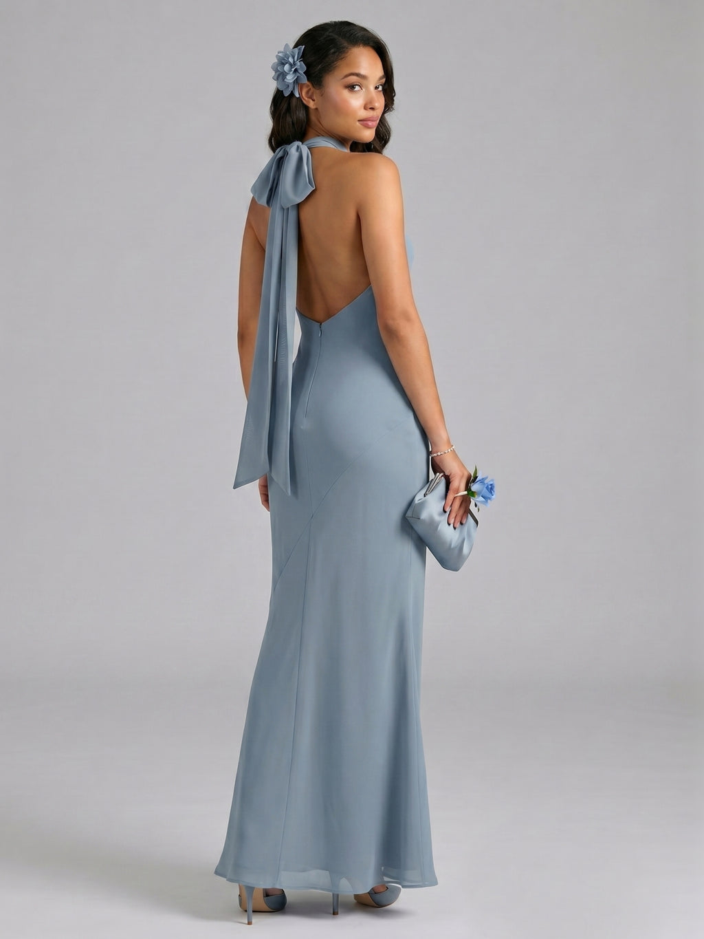 Elegant Dusty Blue Chiffon Trumpet Halter neckline Ankle-Length Bridesmaid Dress