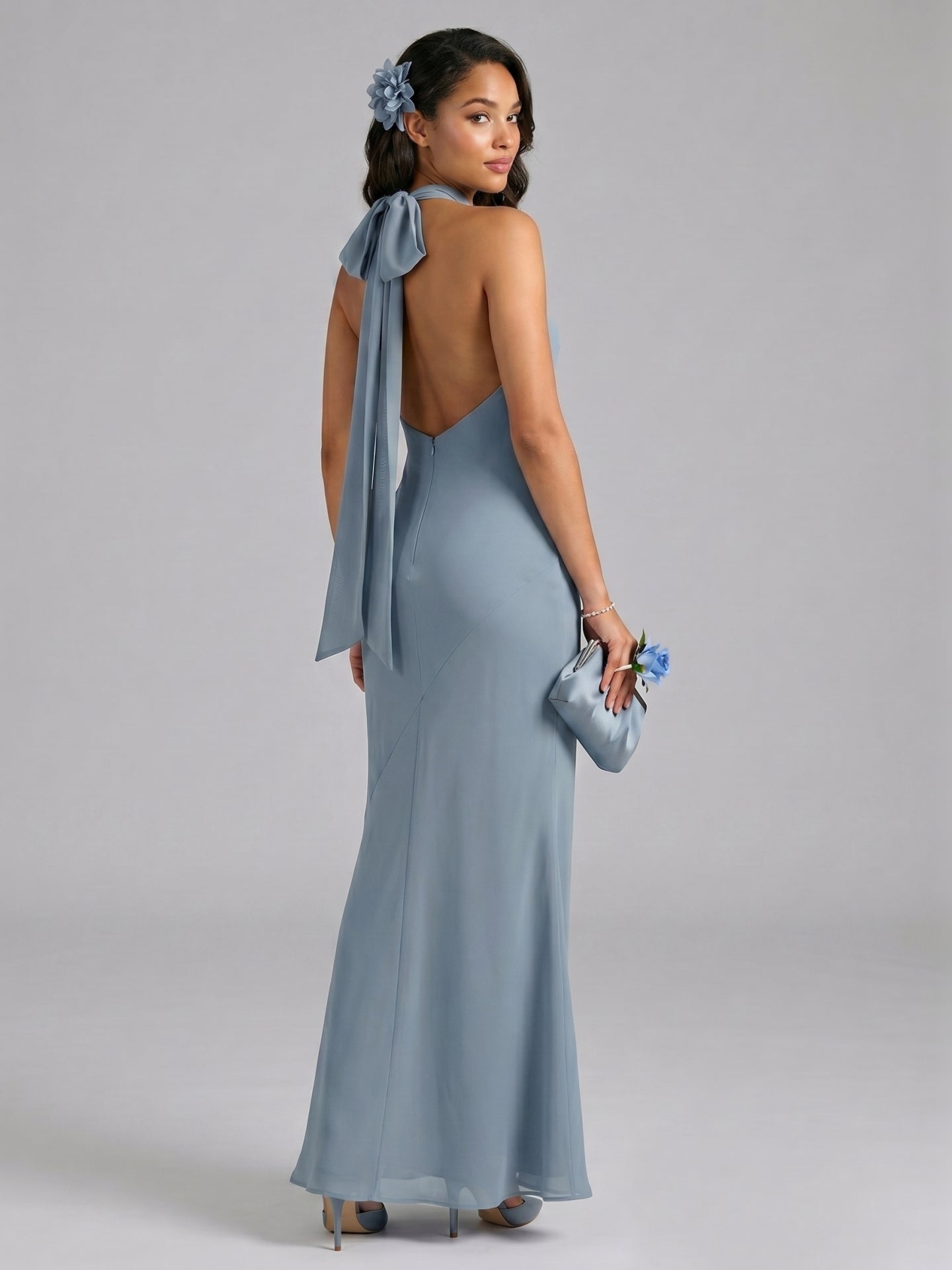 Elegant Dusty Blue Chiffon Trumpet Halter neckline Ankle-Length Bridesmaid Dress