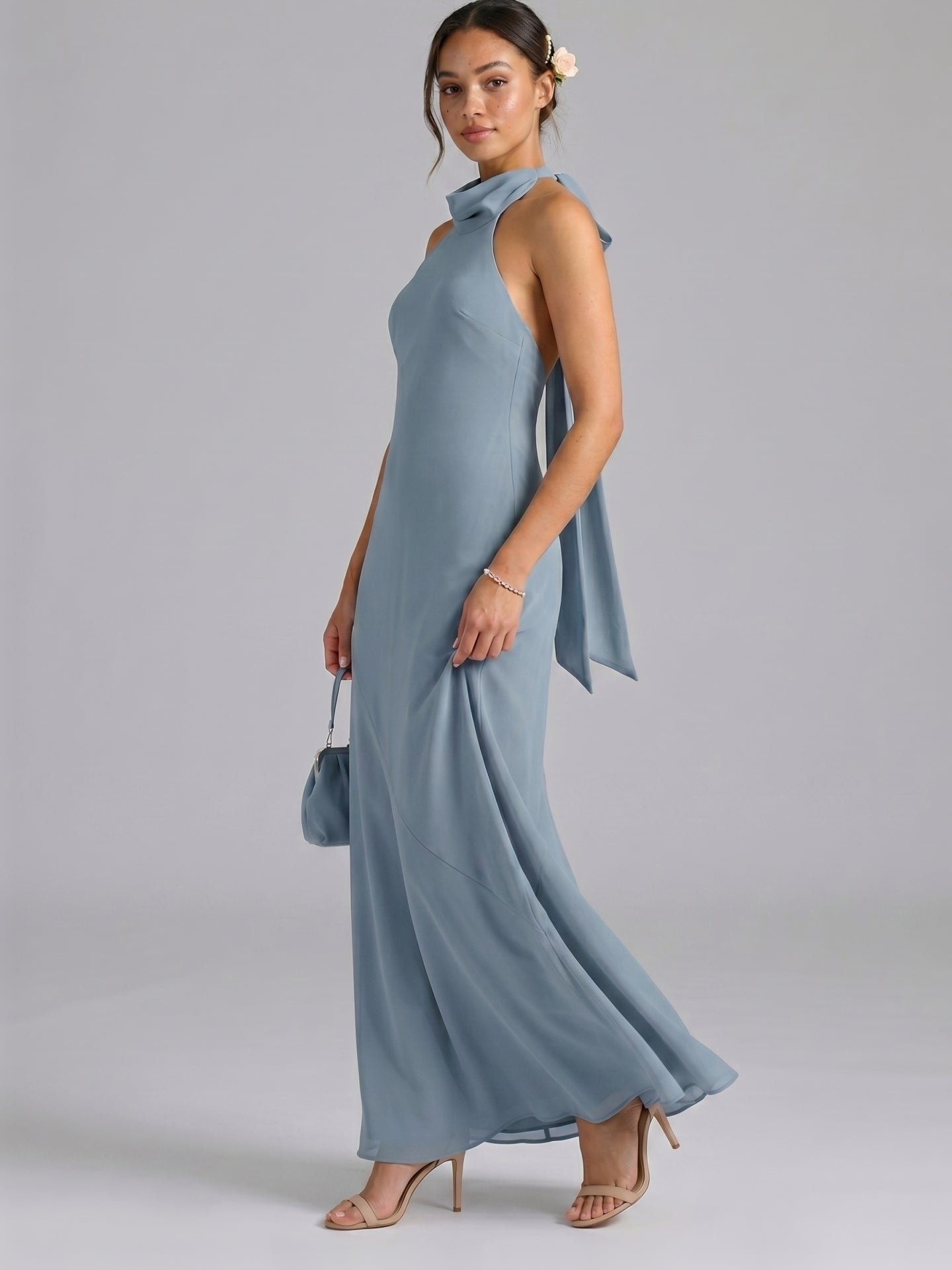 Elegant Dusty Blue Chiffon Trumpet Halter neckline Ankle-Length Bridesmaid Dress