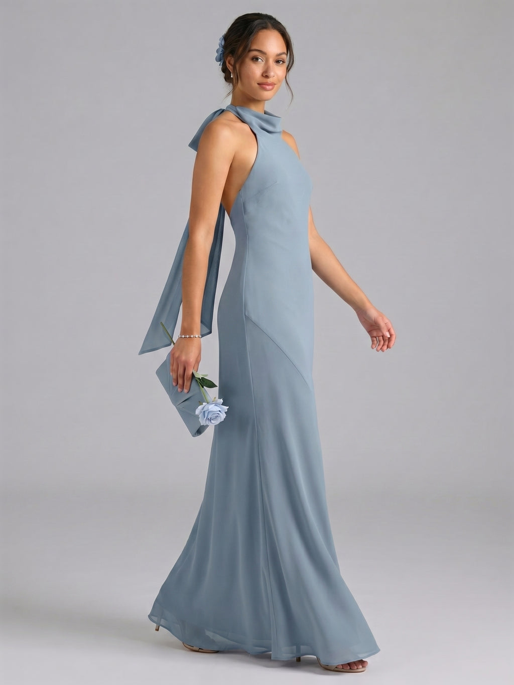 Elegant Dusty Blue Chiffon Trumpet Halter neckline Ankle-Length Bridesmaid Dress