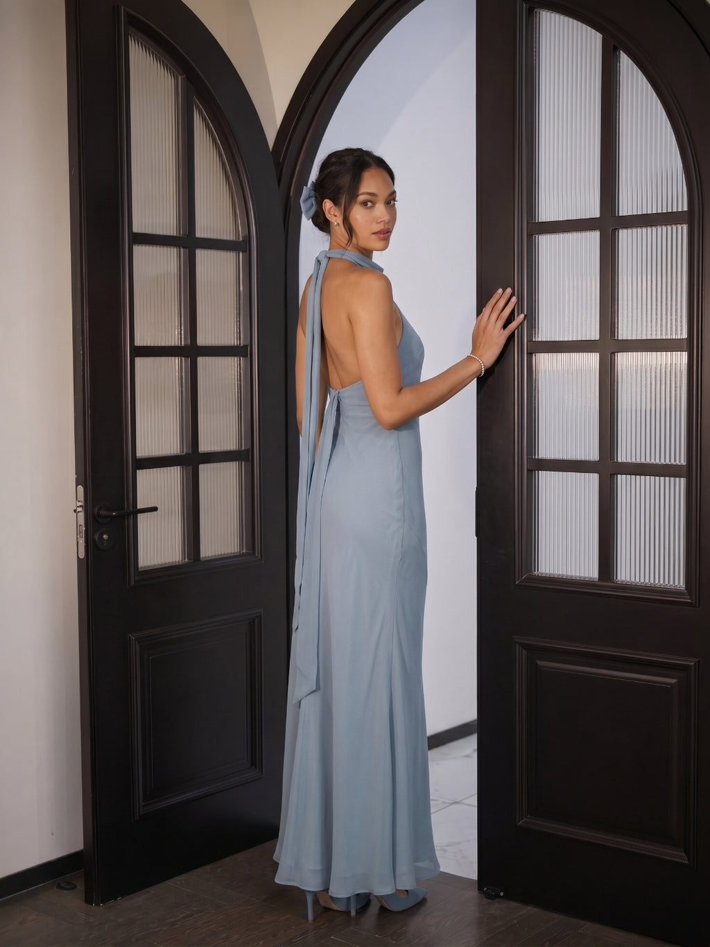 Elegant Dusty Blue Chiffon Trumpet Halter neckline Ankle-Length Bridesmaid Dress