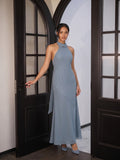 Elegant Dusty Blue Chiffon Trumpet Halter neckline Ankle-Length Bridesmaid Dress