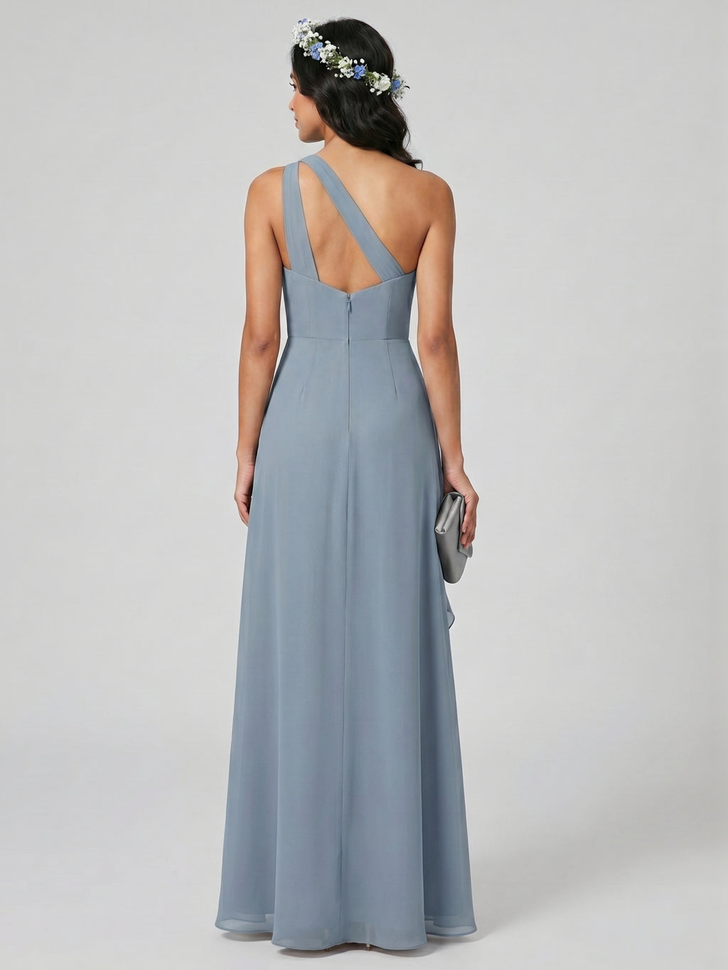 Elegant Dusty Blue Chiffon Trumpet One Shoulder Back Zip Ankle-Length Bridesmaid Dress
