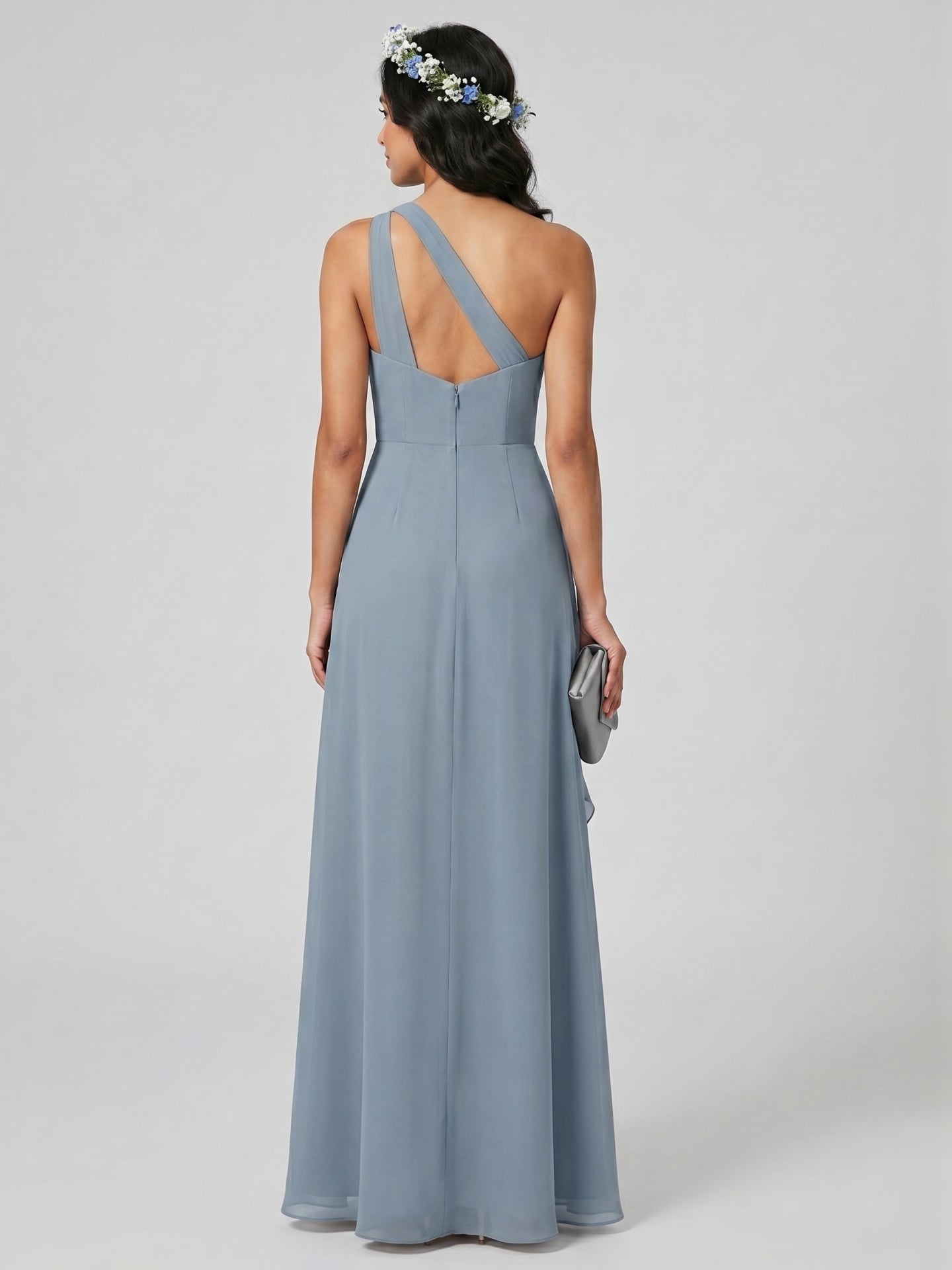 Elegant Dusty Blue Chiffon Trumpet One Shoulder Back Zip Ankle-Length Bridesmaid Dress