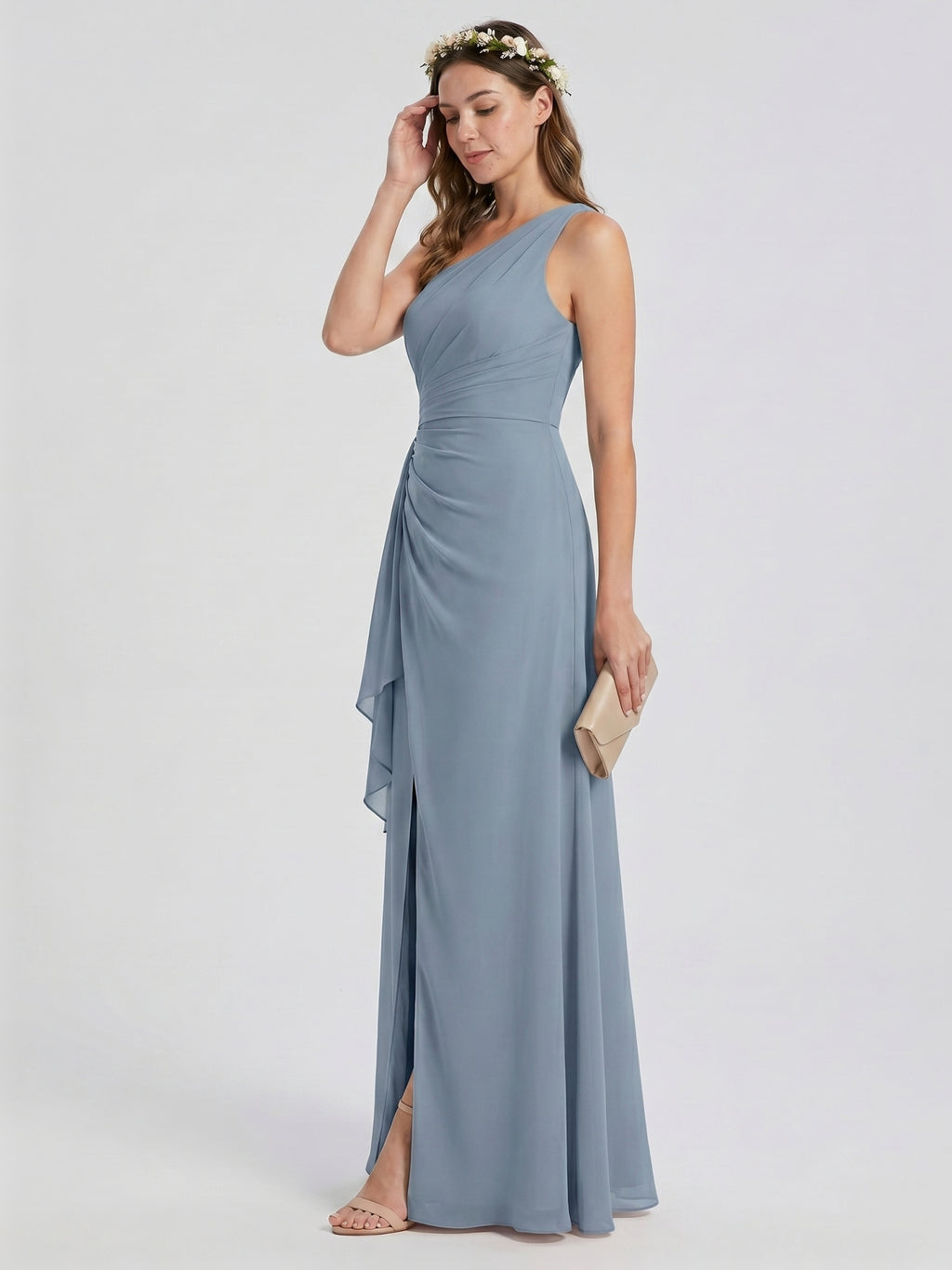 Elegant Dusty Blue Chiffon Trumpet One Shoulder Back Zip Ankle-Length Bridesmaid Dress
