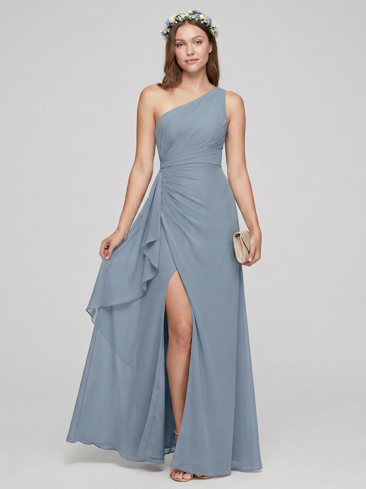 Elegant Dusty Blue Chiffon Trumpet One Shoulder Back Zip Ankle-Length Bridesmaid Dress