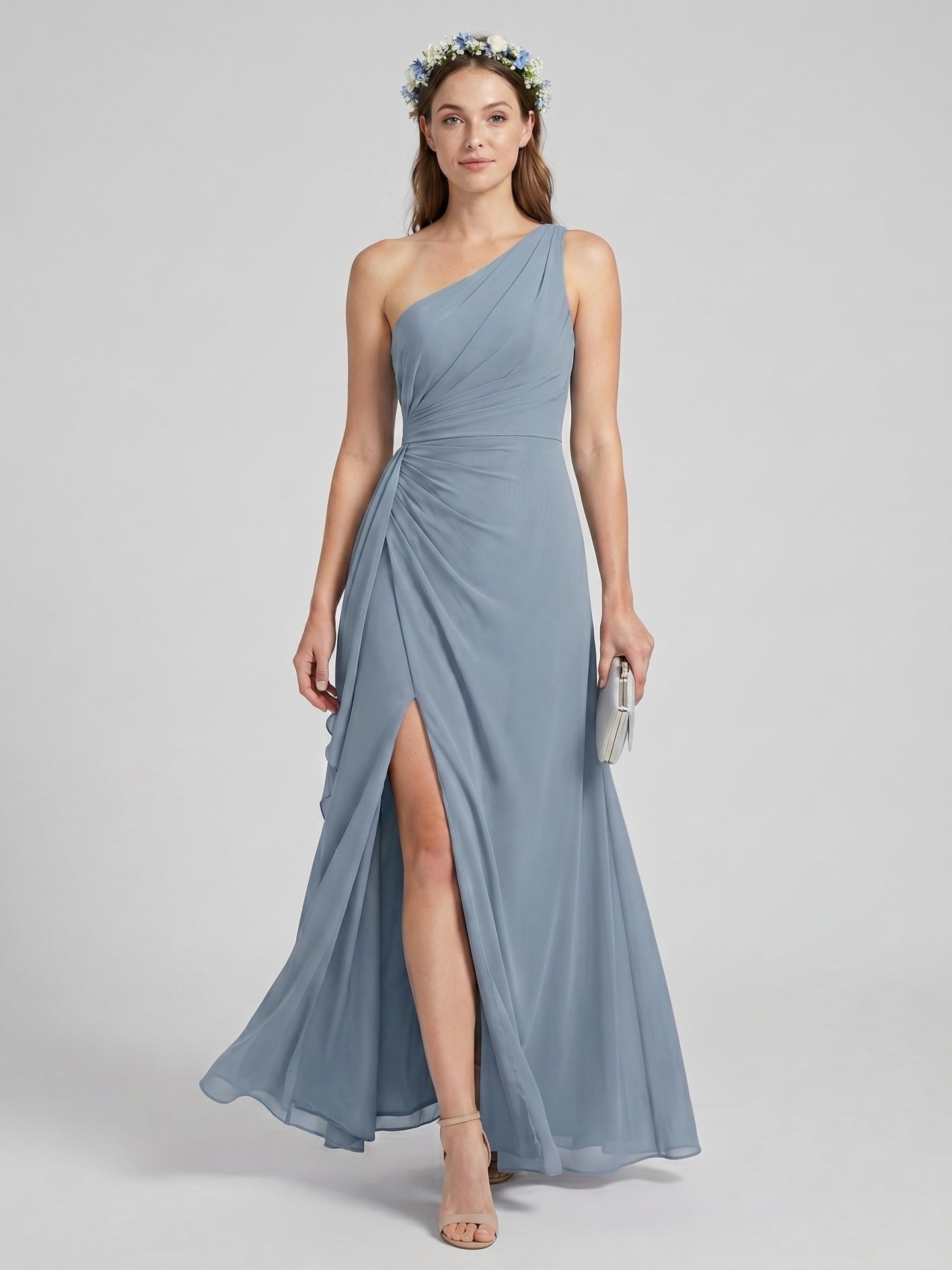 Elegant Dusty Blue Chiffon Trumpet One Shoulder Back Zip Ankle-Length Bridesmaid Dress